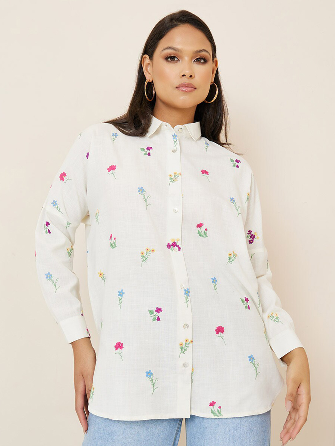 Styli Women Floral Allover Embroidery Opaque Casual Shirt