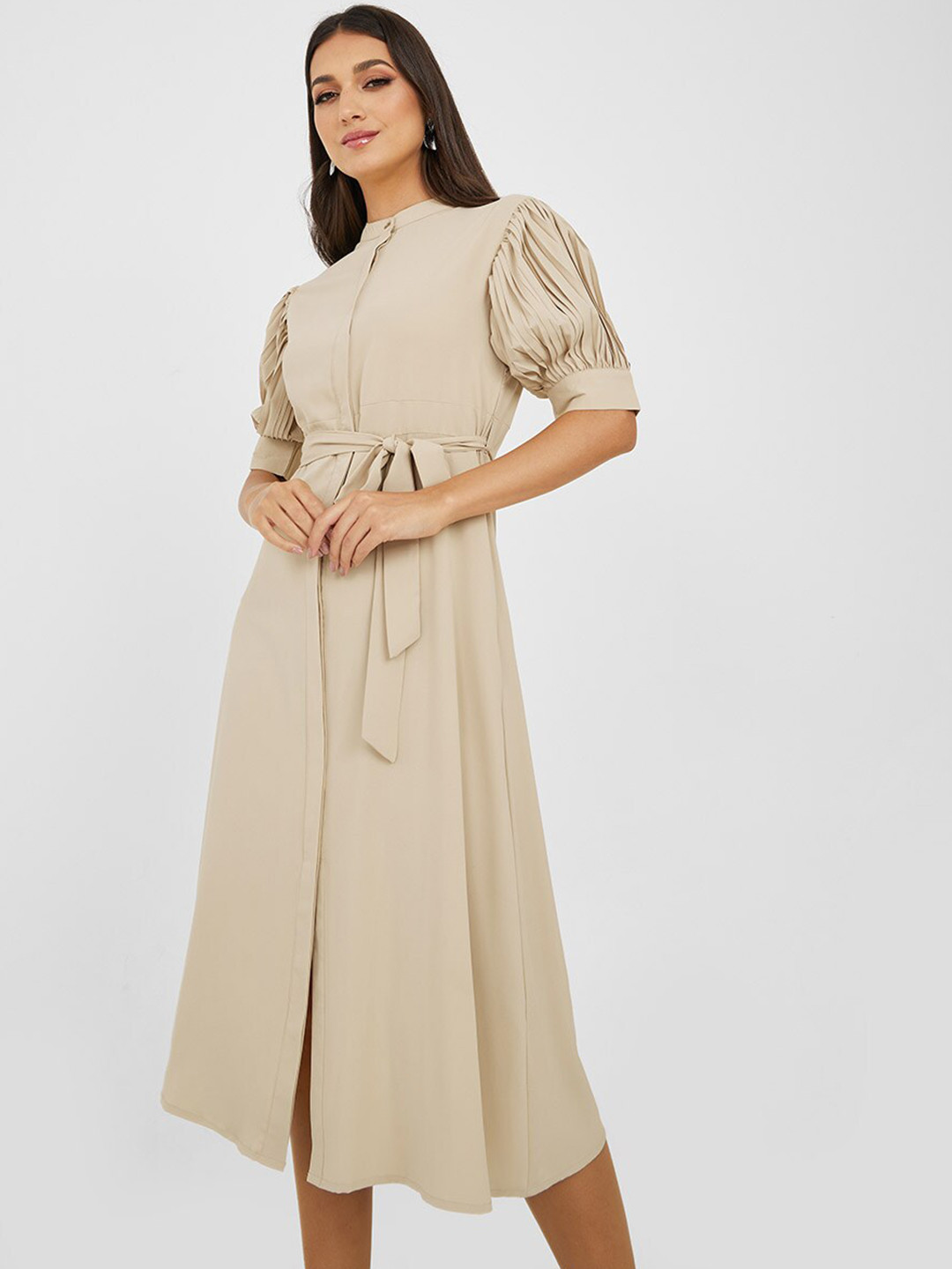 Styli Band Collar Puff Sleeves Belted Midi Dress