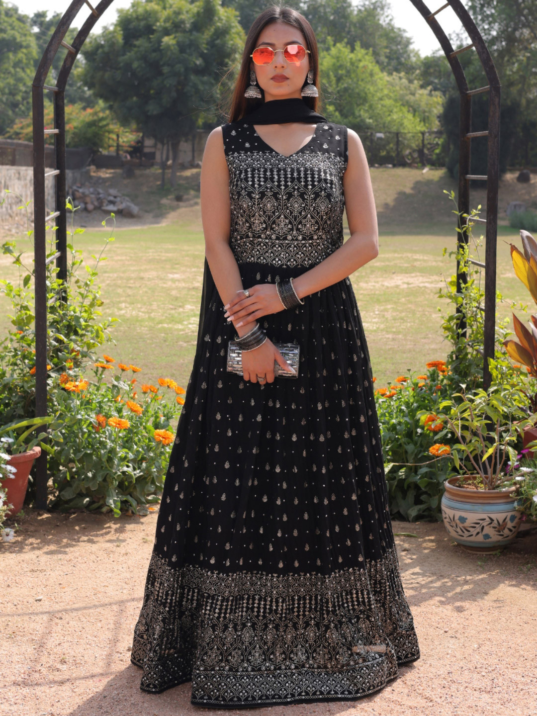 Chhabra 555 Black & White Foil Printed Flared Embellished Gown With Dupatta