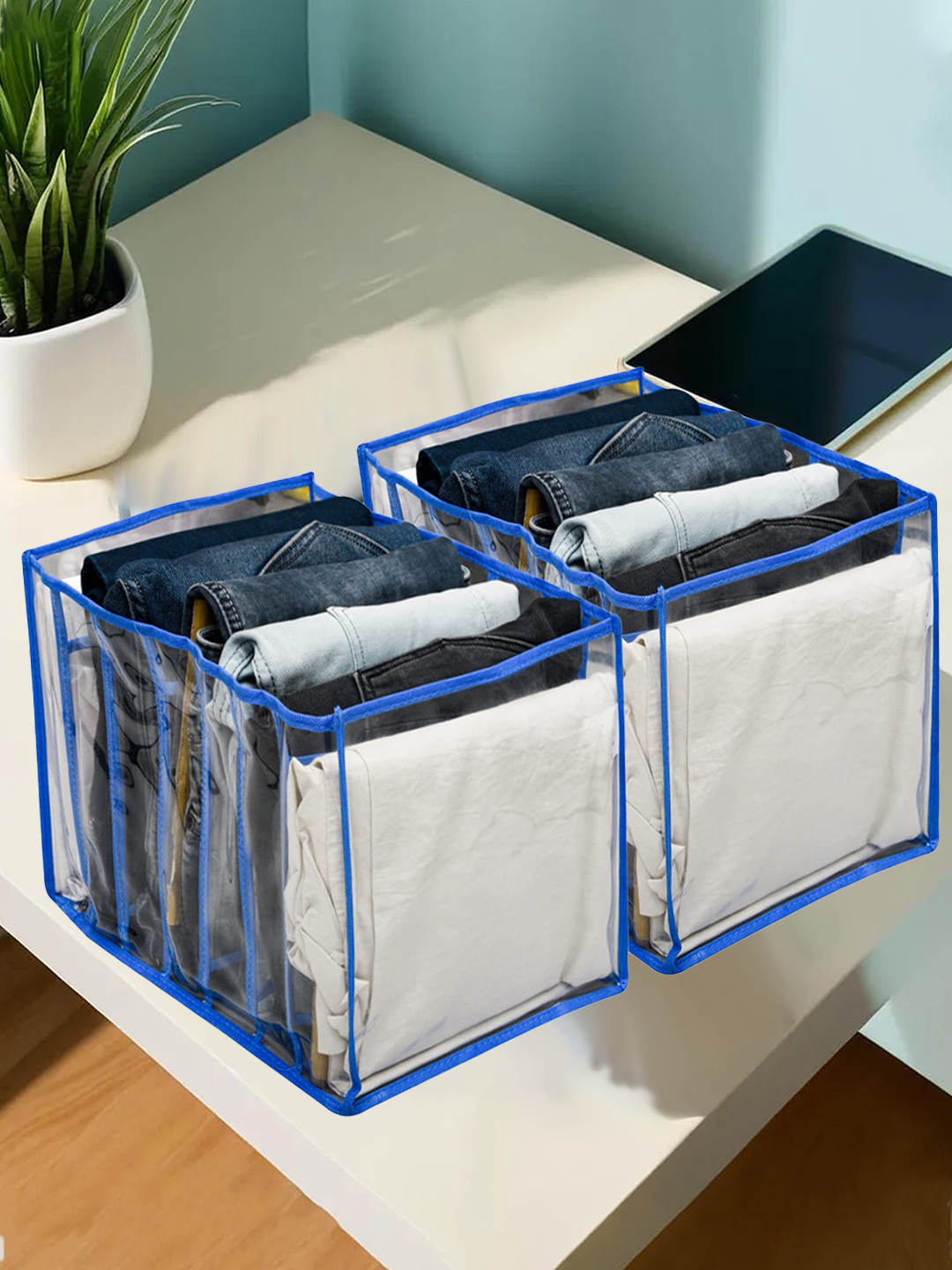 Kuber Industries Transparent & Blue 2 Pieces 7 Grids Foldable Organisers