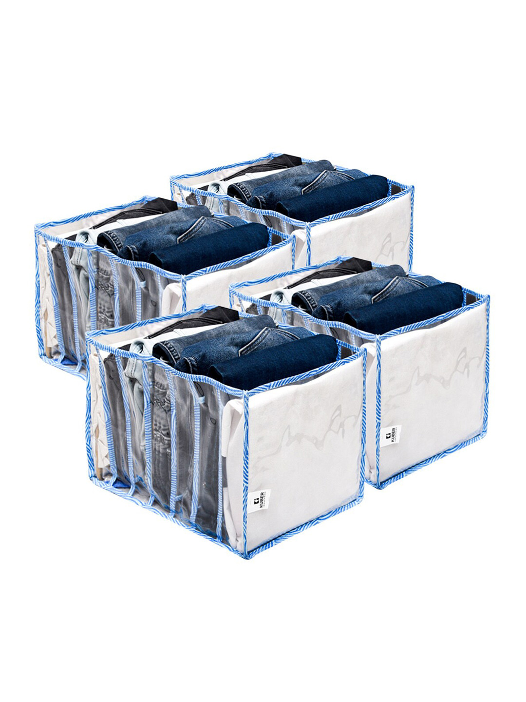 Kuber Industries Blue 4 Pieces Zig Zag Printed Foldable 7 Grided Drawer Organizer