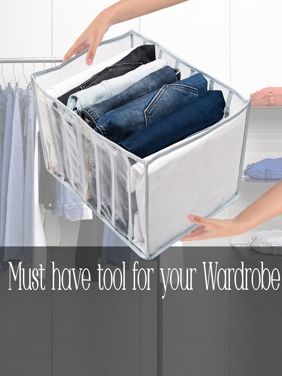 Kuber Industries Grey & Transparent 3 Pieces Foldable 7 Grided Drawer Organizers