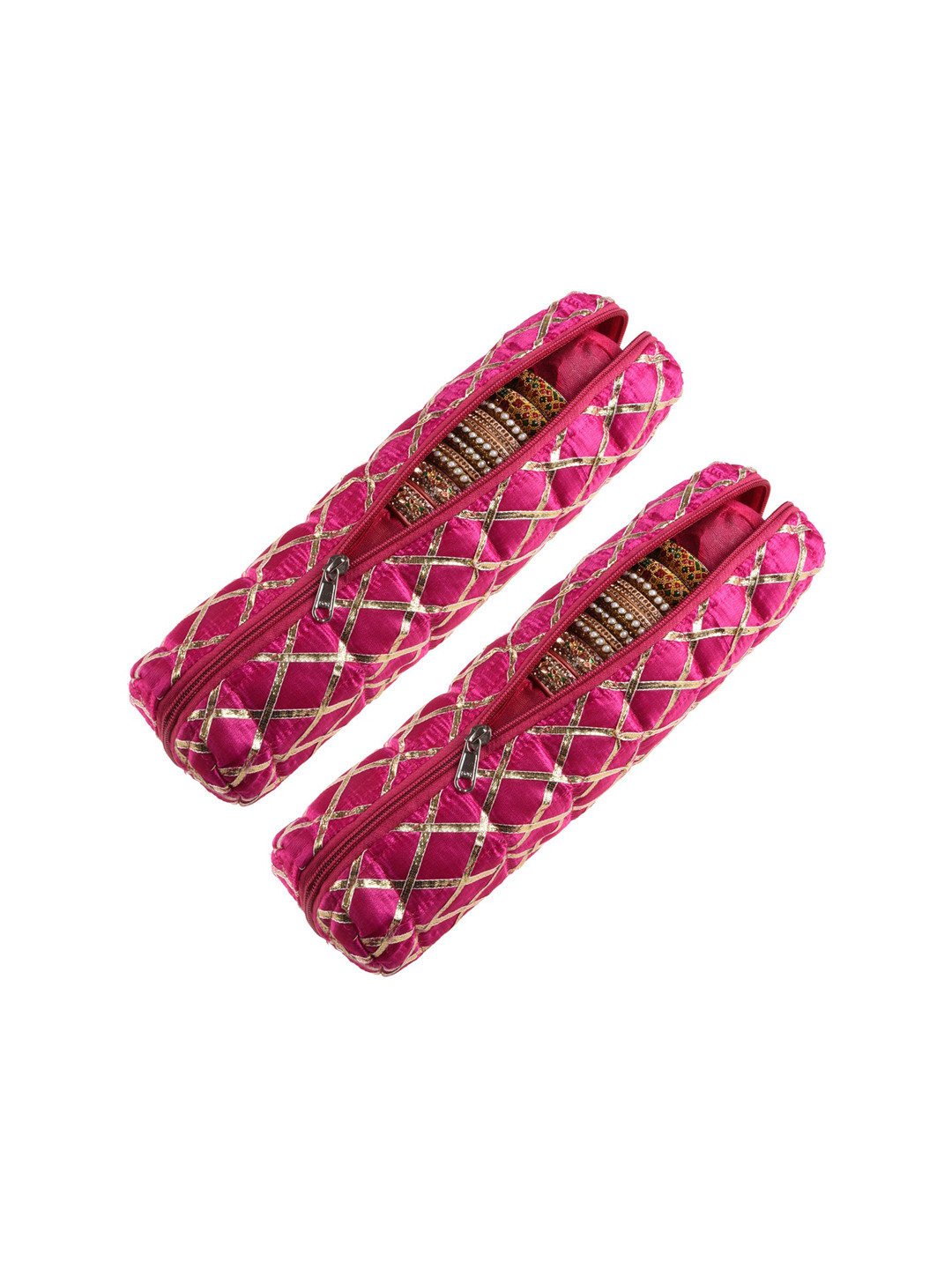 Kuber Industries Pink & Gold Toned 2 Pieces Self Design Single Rod Bangle Box