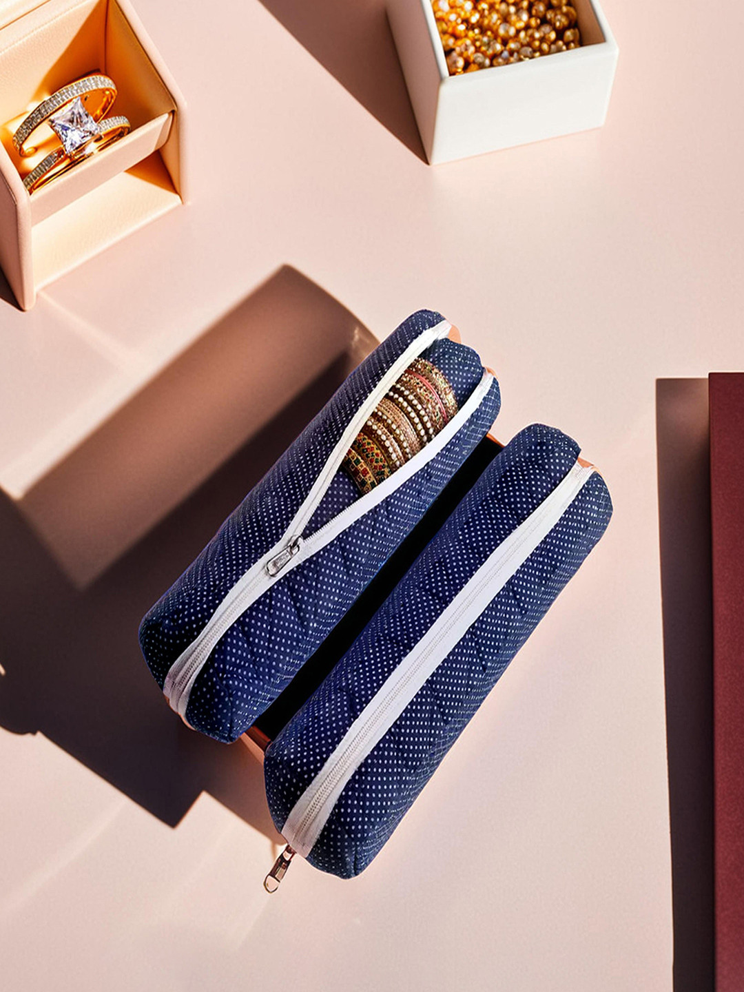 Kuber Industries Blue & White 2 Pieces Printed Single Rod Bangle Boxes