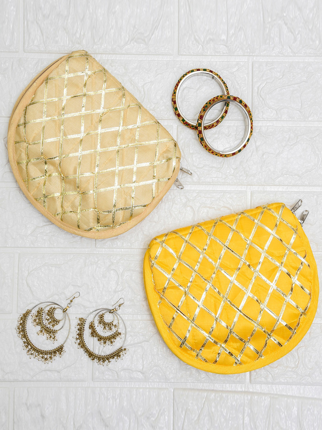 Kuber Industries Yellow Colored & Gold Toned 2 Pieces Self Design Jewellery Organizer