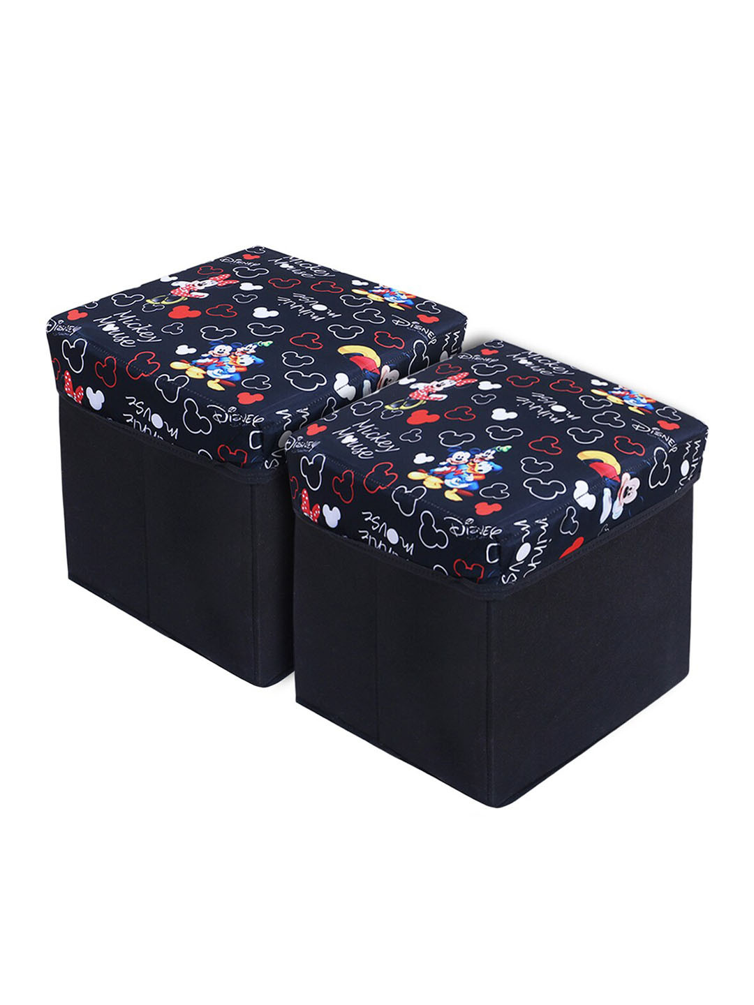 Kuber Industries Black 2 Pieces Disney Printed Storage Stool with Lid