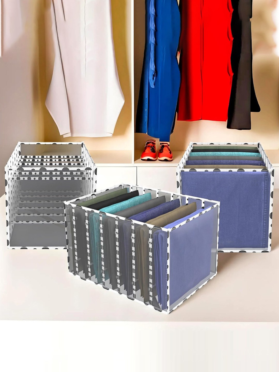 Kuber Industries Transparent & White 3 Pieces Polka Dot Printed 7 Grid Organisers