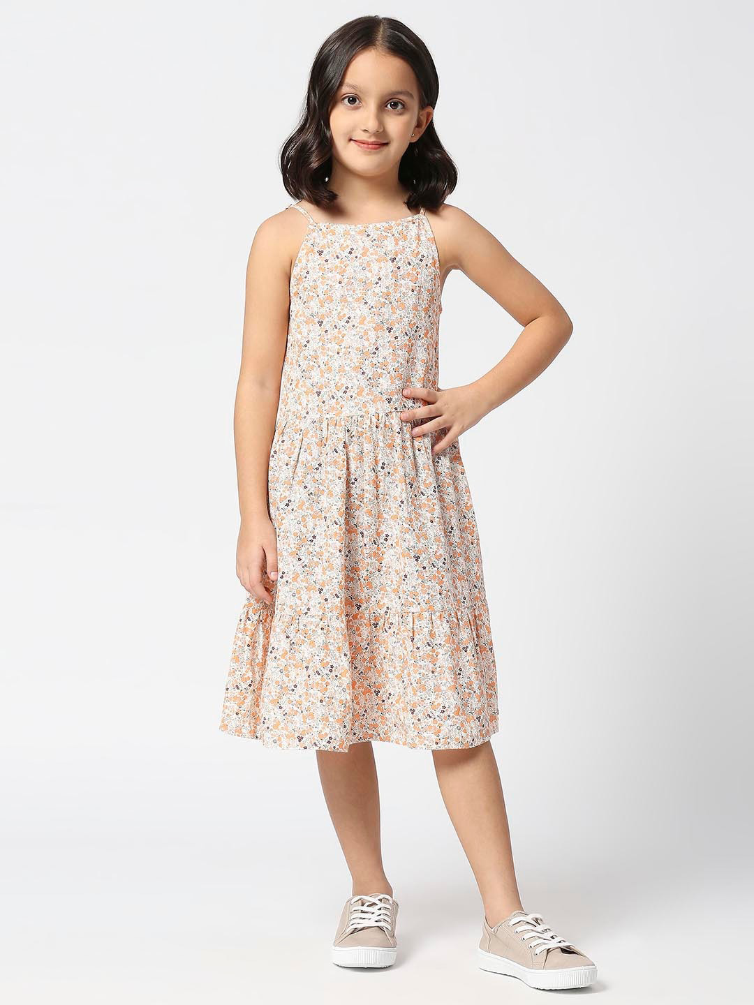 Pepe Jeans Girls Floral Printed Shoulder Straps Gathered Fit & Flare Dress