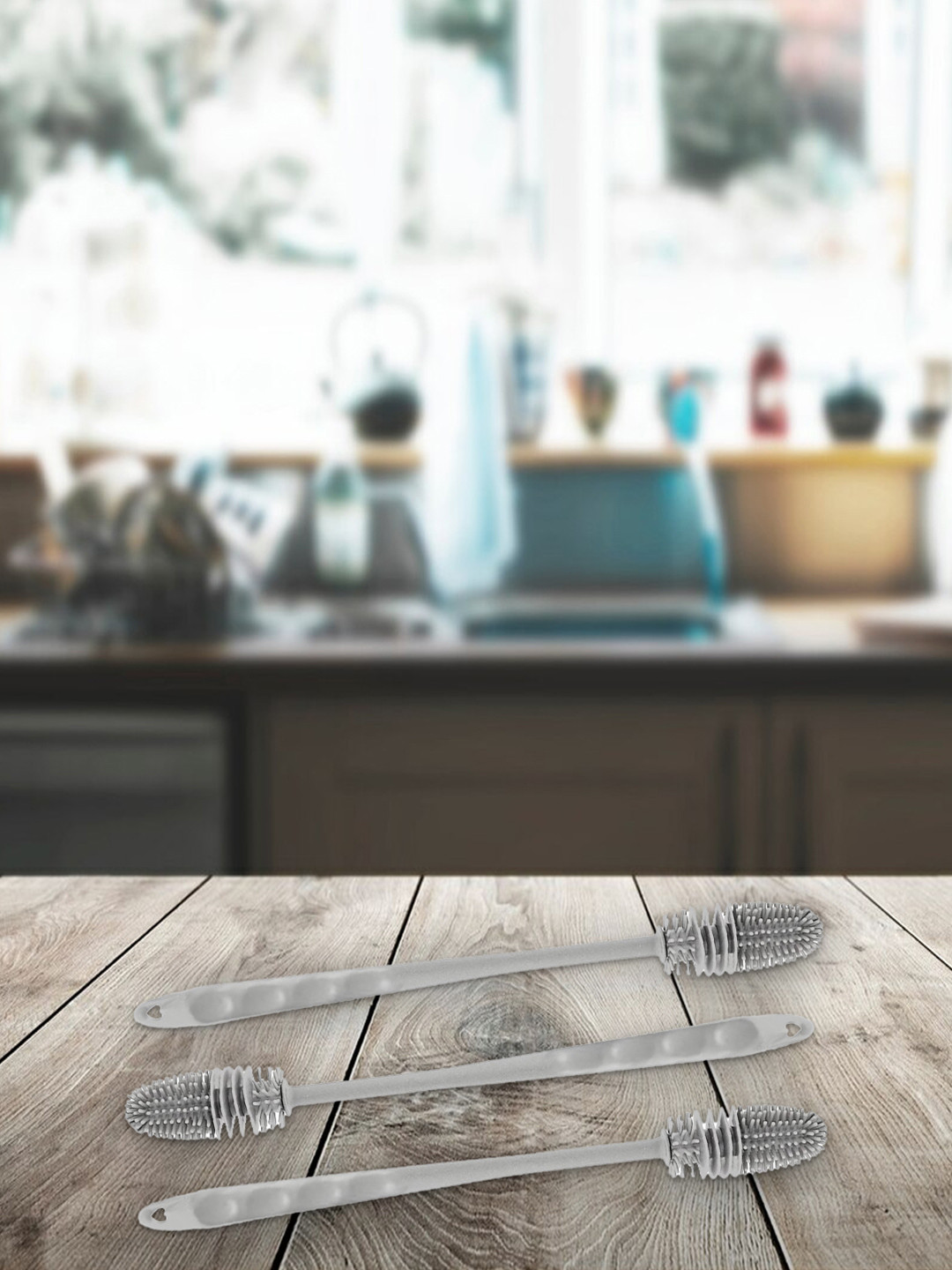 Kuber Industries Grey 3 Pieces Bottle Cleaning Brush Kitchen Storage