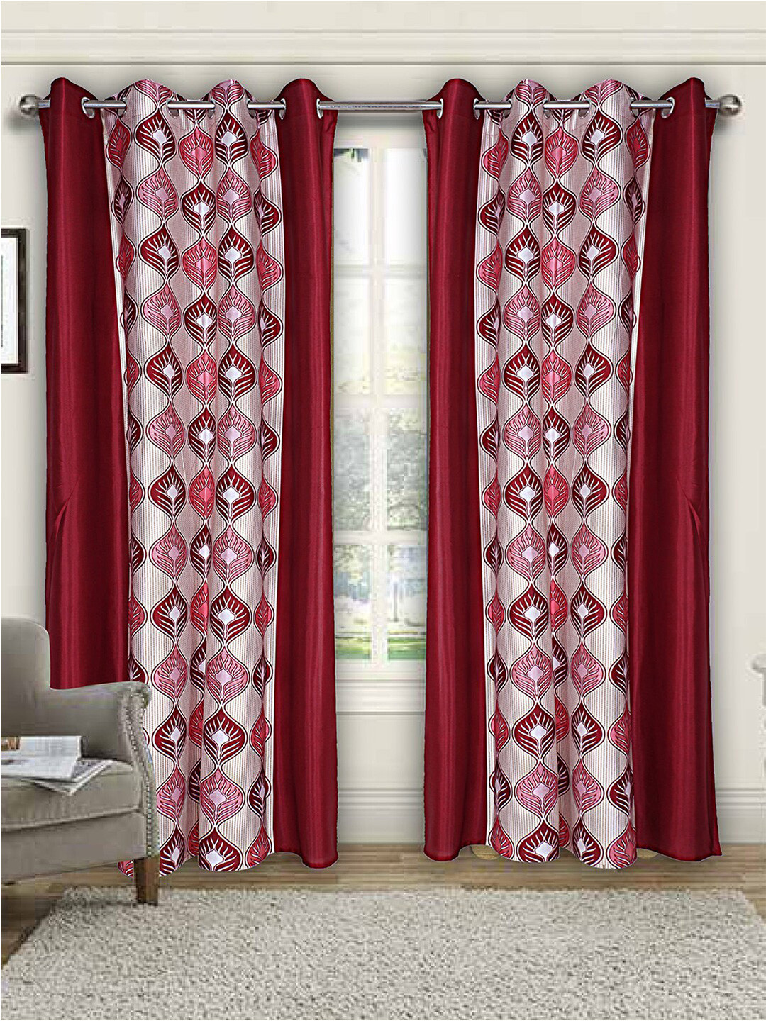 Kuber Industries Pink & White 2 Pieces Geometric Silk Black Out Door Curtain