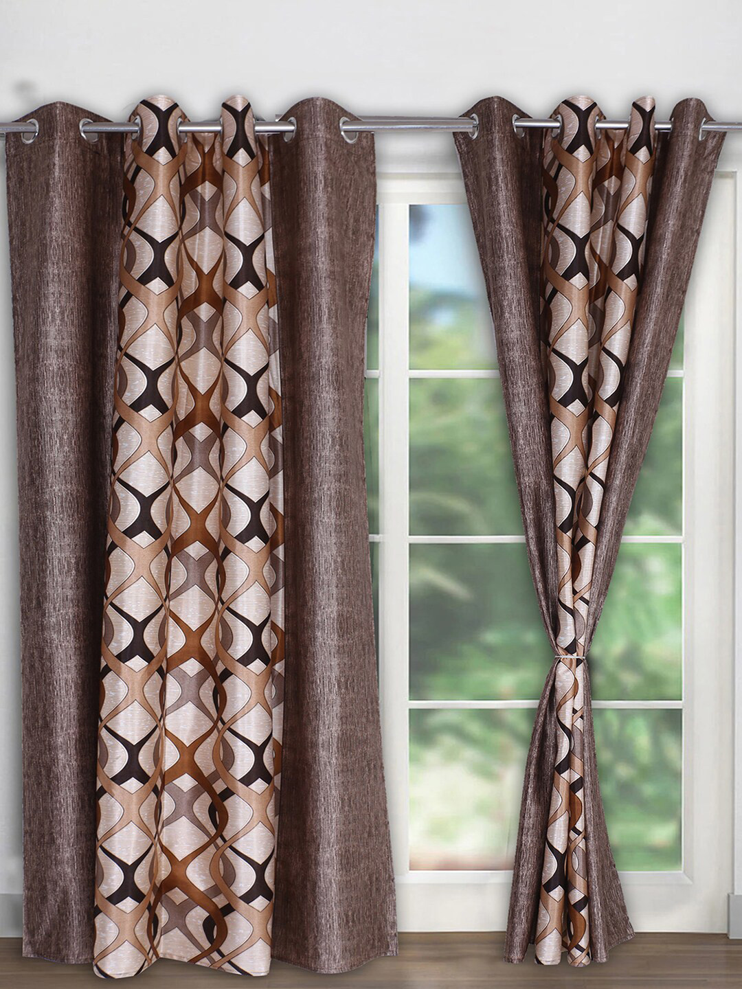 Kuber Industries White & Black 2 Pieces Geometric Silk Black Out Door Curtains