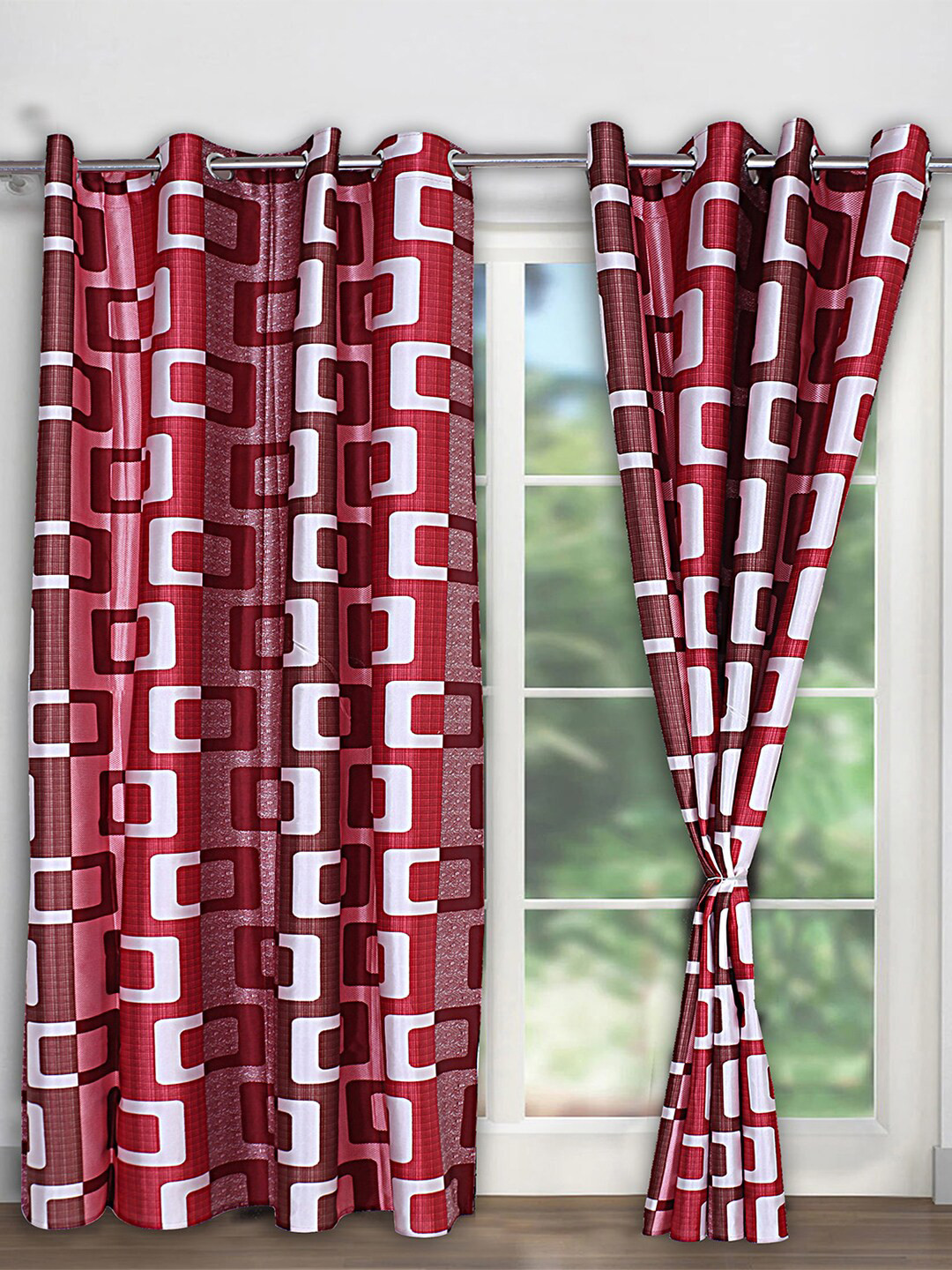 Kuber Industries Pink & White 2 Pieces Geometric Silk Black Out Door Curtains