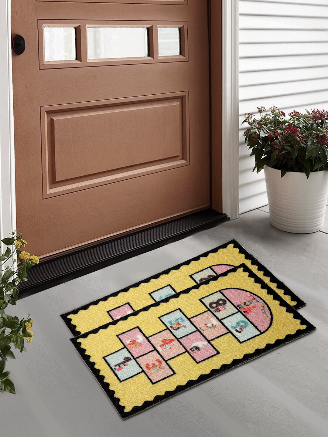 FABINALIV Yellow 2-Pieces Graphic Printed Anti-Skid Door Mat