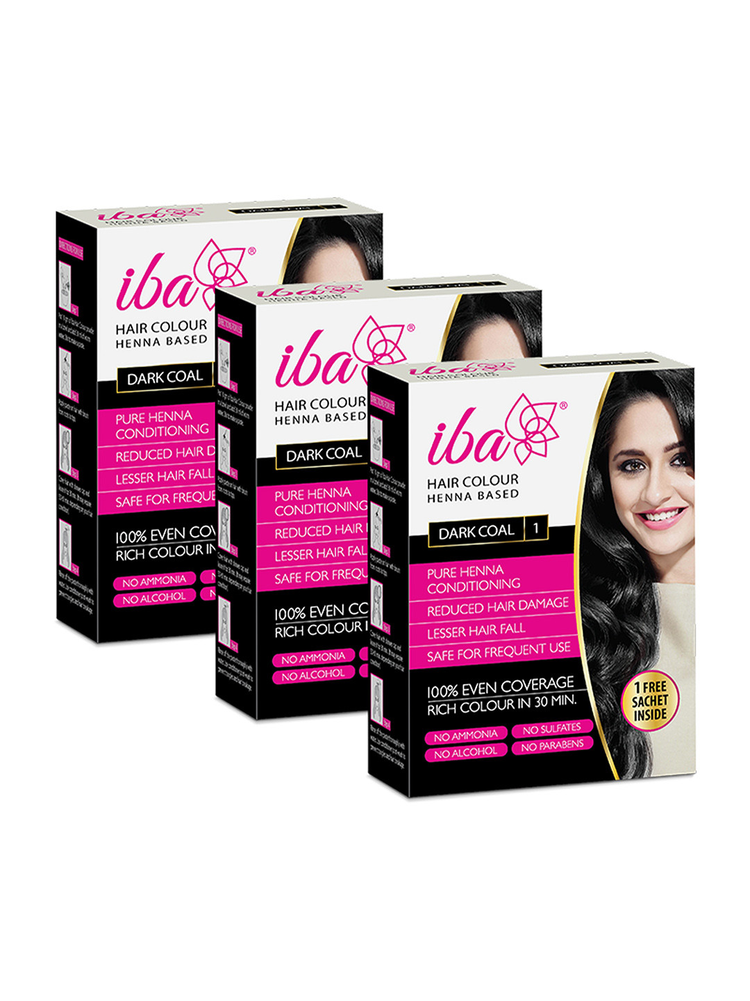 Iba Hair Colour Set of 3 100% Pure Henna Based Powder Sachet - Dark Coal, 70g