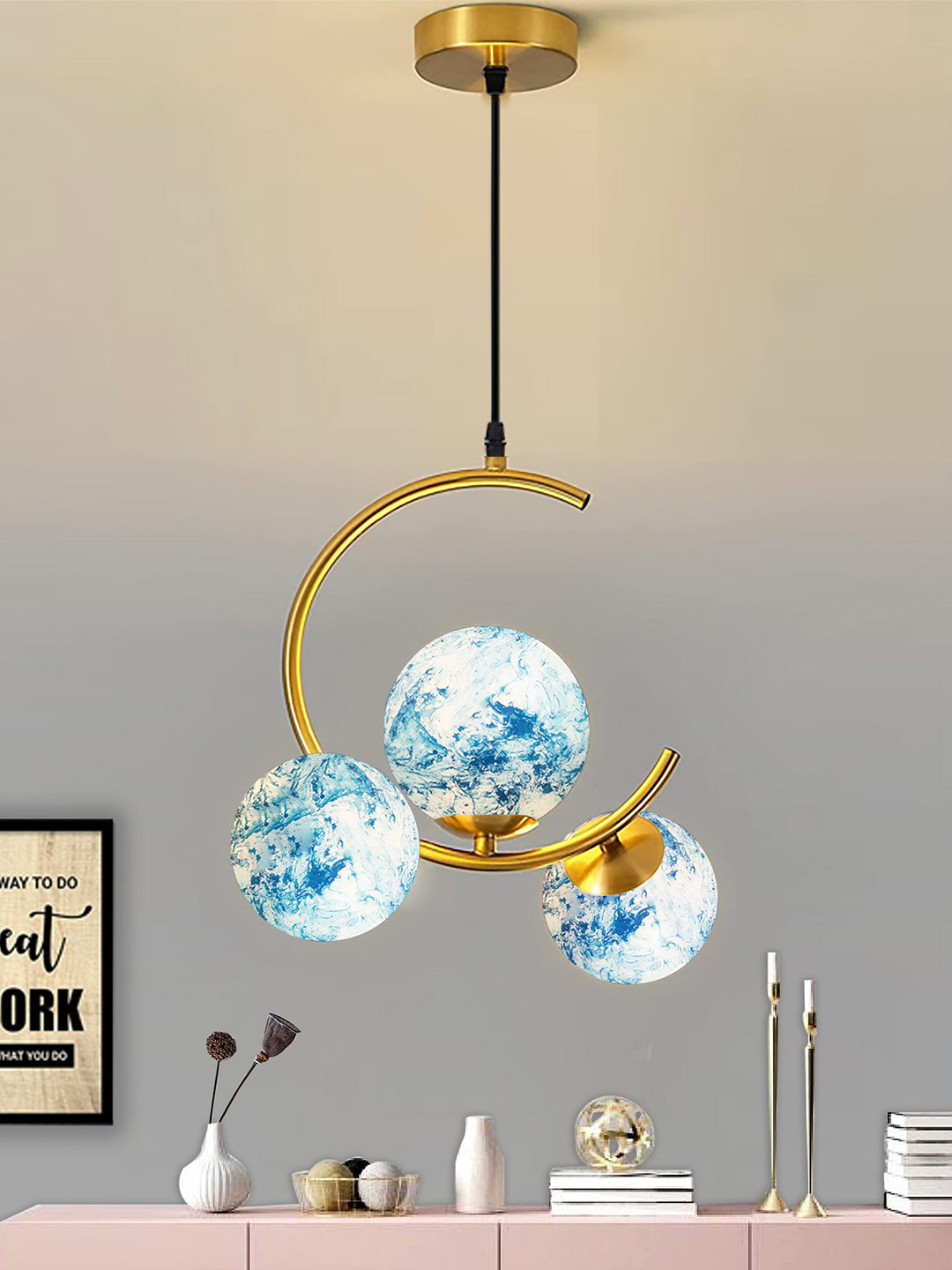Homesake Blue & White 3 Globe Marble Printed Frosted Glass Chandelier Hanging Pendant Lamp