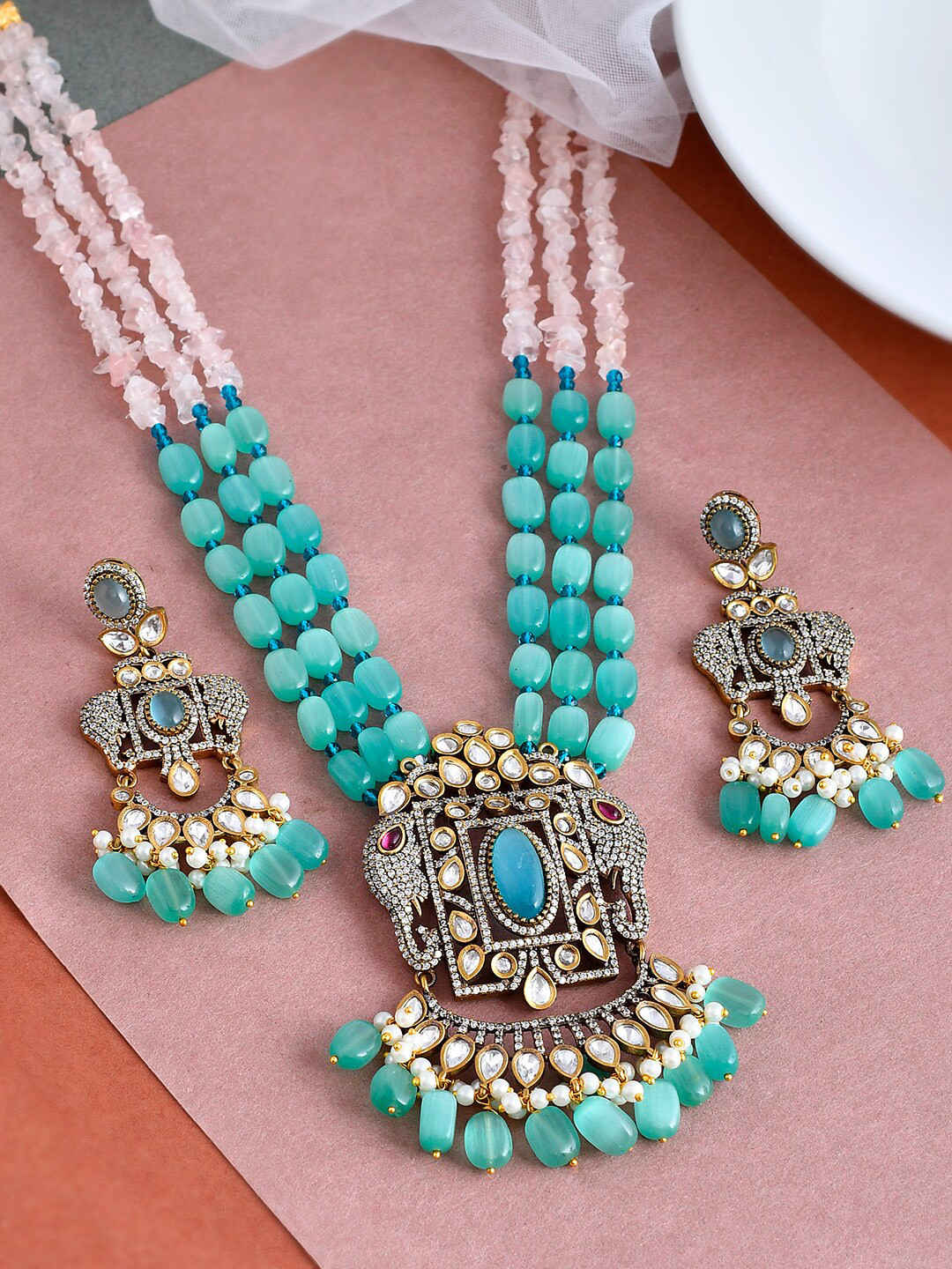 Silvermerc Designs Gold-Plated Artificial Stones-Studded & Beaded Jewellery Set