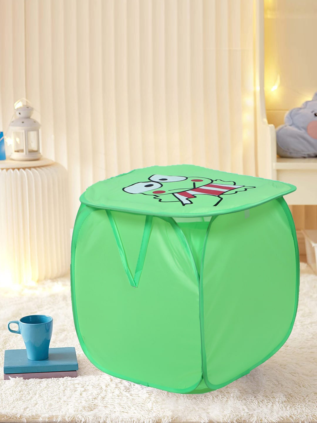 Kuber Industries Green Frog Printed Foldable Laundry Bags With Lid - 45 L