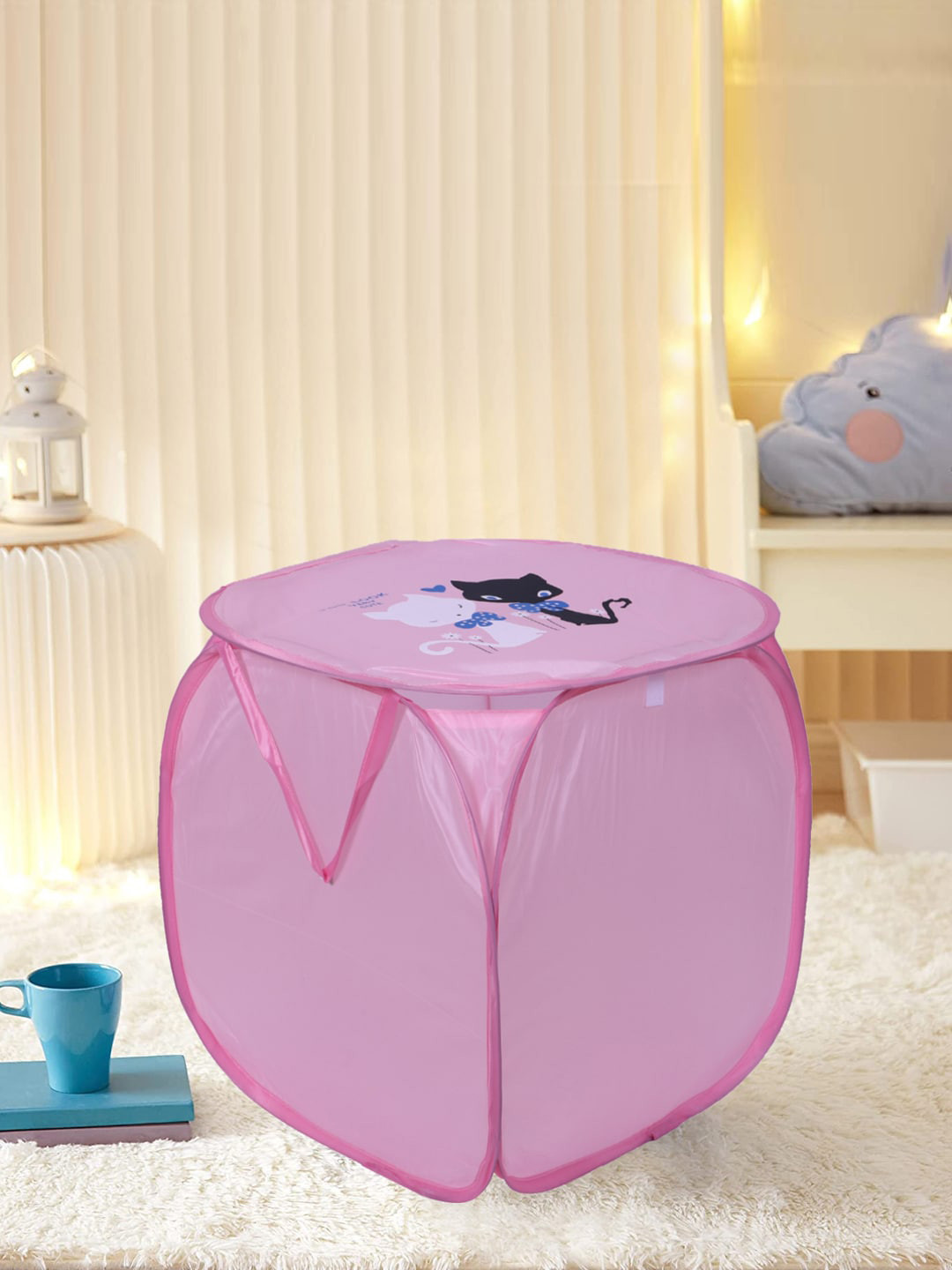 Kuber Industries Pink Cat Printed Foldable Laundry Bags With Lid - 45 L