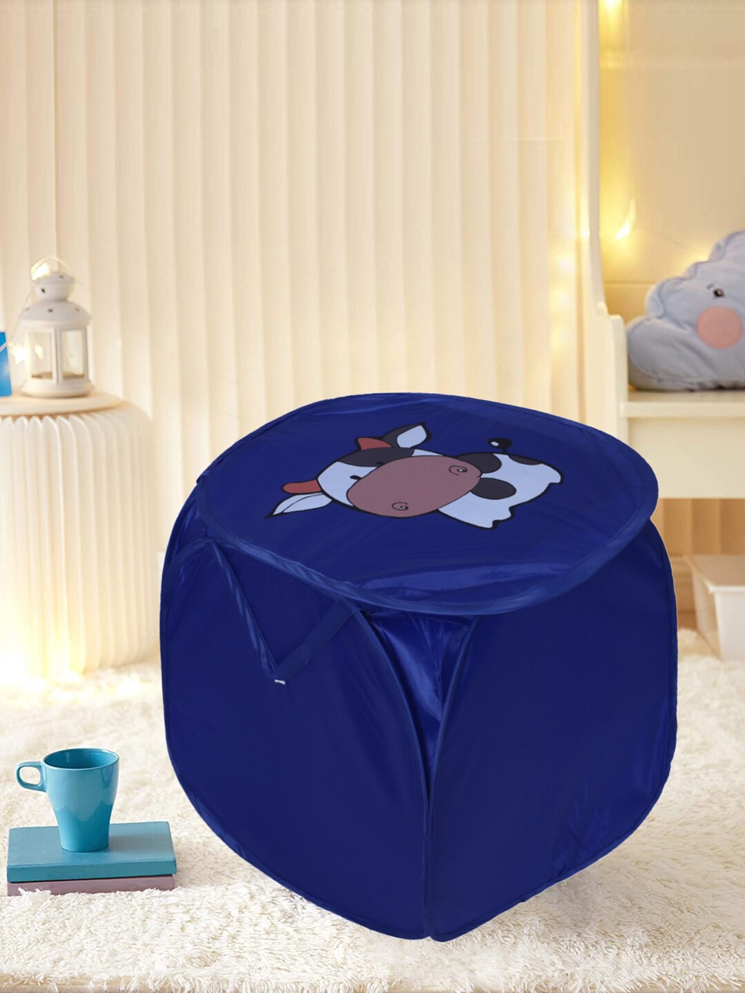 Kuber Industries Blue Cow Printed Foldable Laundry Bags With Lid - 45 L
