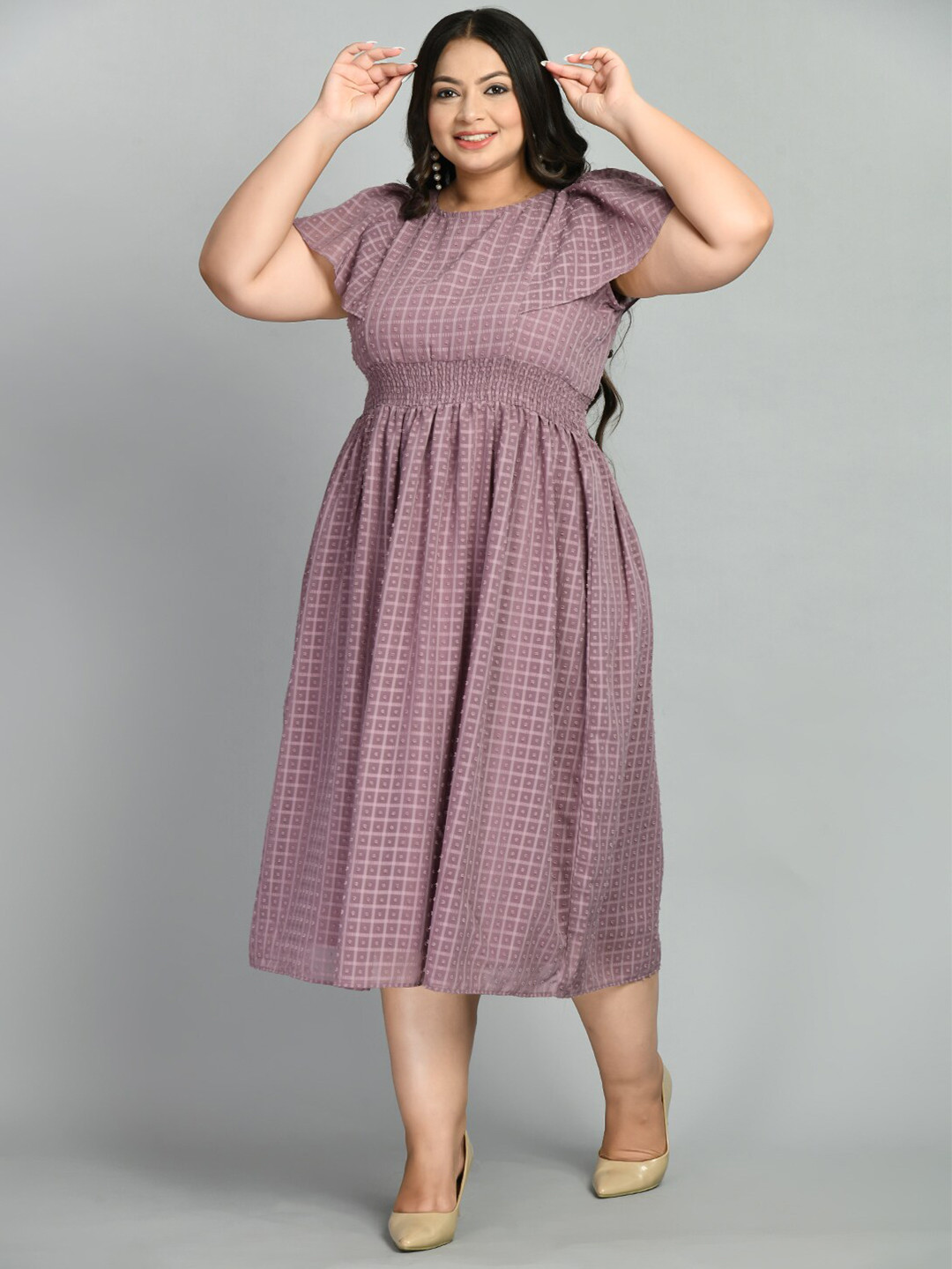 PrettyPlus by Desinoor.com Checked Self Designed Georgette Dobby Fit & Flare Midi Dress