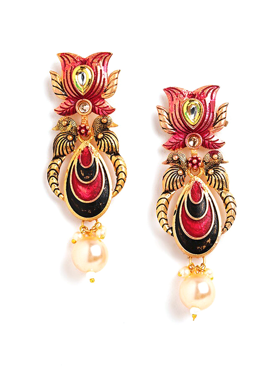 HOT AND BOLD Gold-Plated Stone Studded & Beaded Drop Earrings