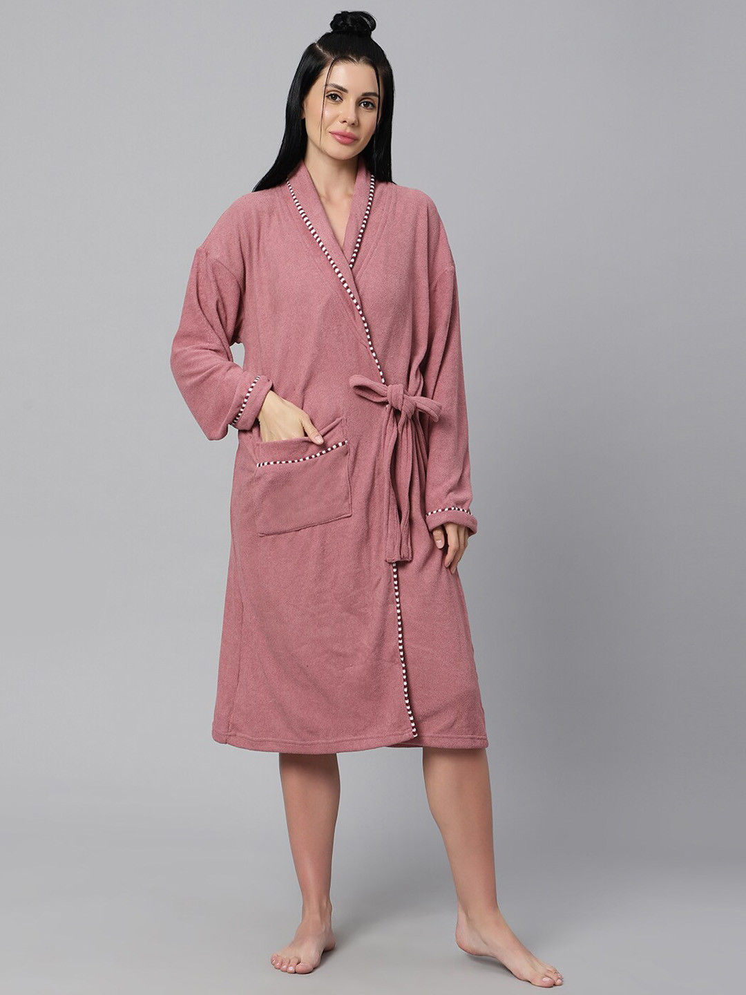 HotGown Double Pink Solid Cotton Drawstring Midi Bath Robe-M