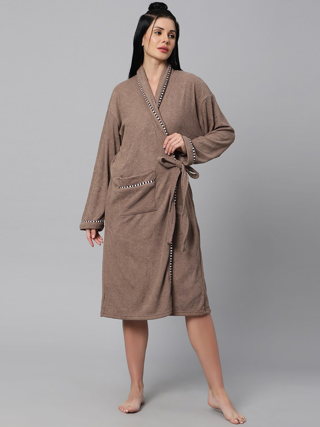 HotGown Double Brown Solid Cotton Drawstring Knee Length Bath Robe-M