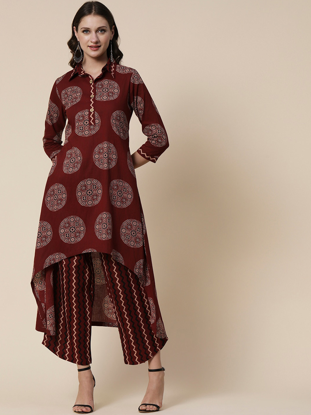 FASHOR Women Brown & Black Printed Pure Cotton Shirt Collar High-Low Kurta With Palazzos