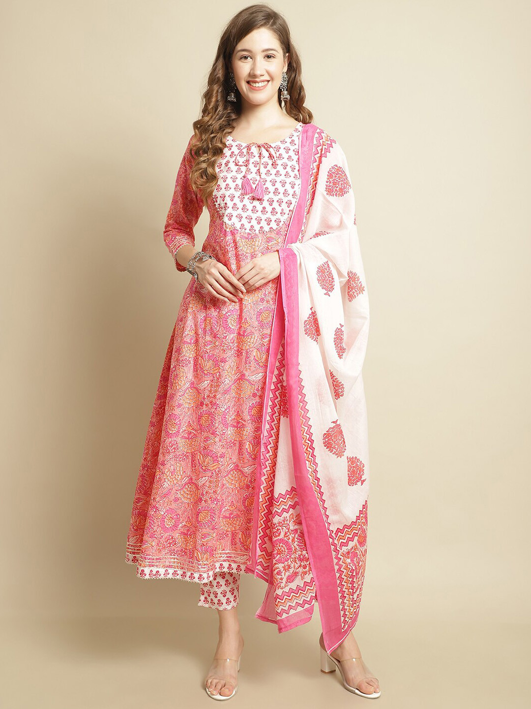 Pistaa Floral Yoke Design Gotta Patti Pure Cotton Kurta With Trousers & With Dupatta