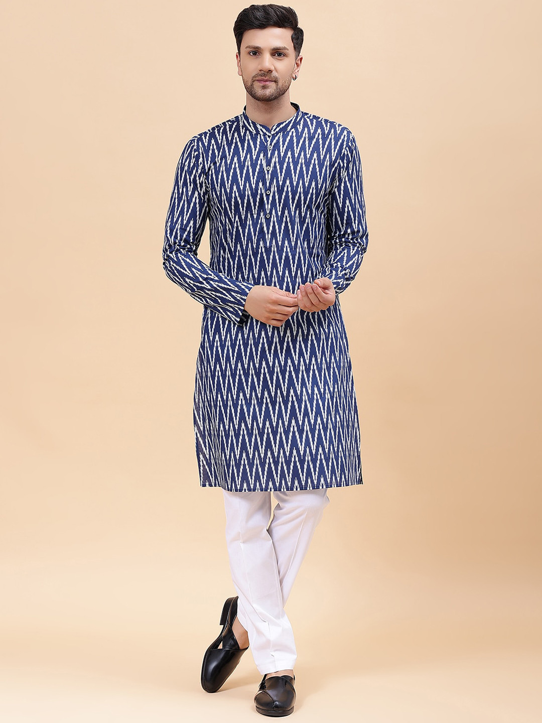 See Designs Chevron Printed Mandarin Collar Straight Pure Cotton Kurta