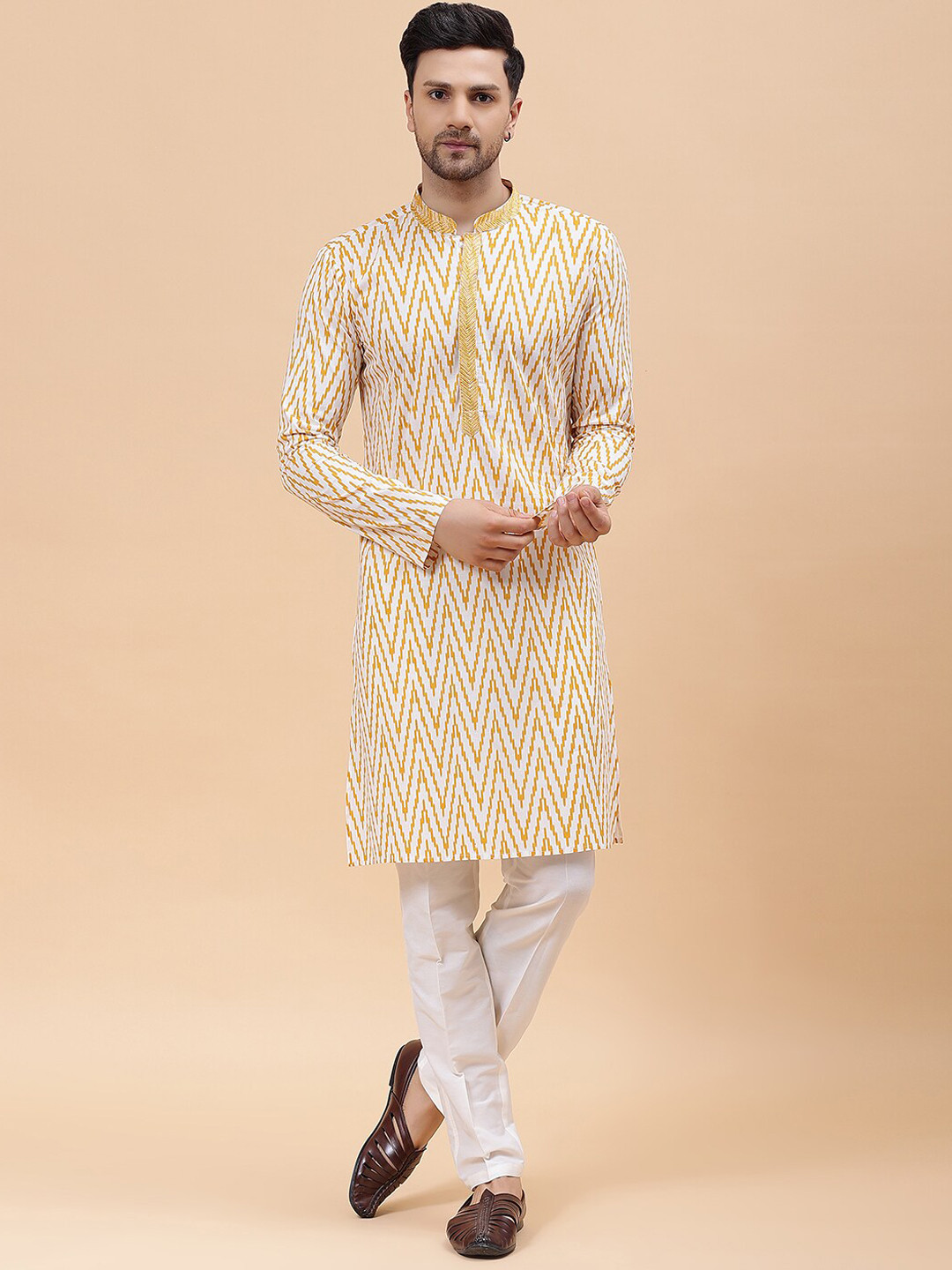 See Designs Woven Design Mandarin Collar Pure Cotton Kurta
