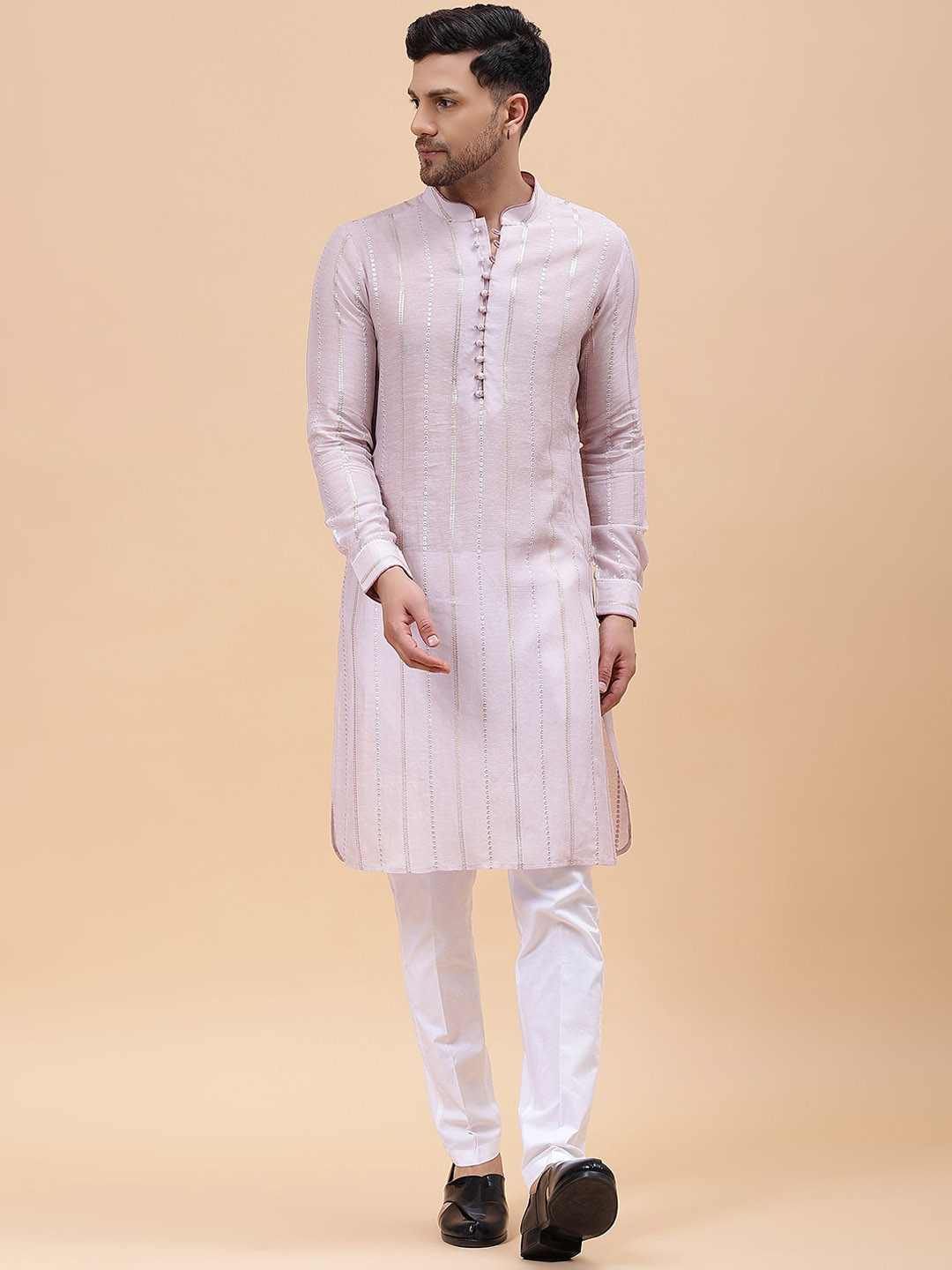 See Designs Embroidered Mandarin Collar Thread Work Silk Kurta