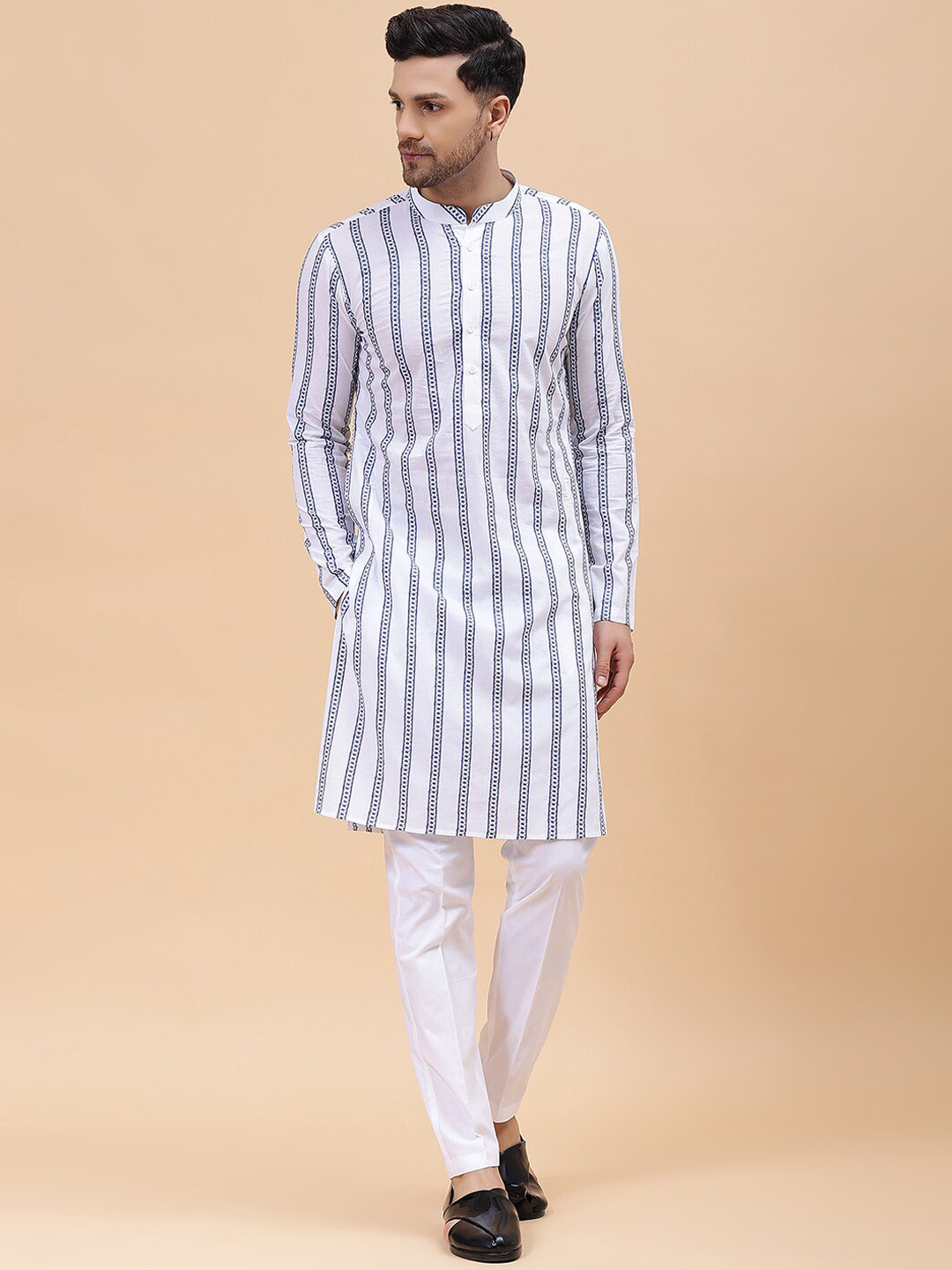 See Designs Vertical Striped Thread Work Pure Cotton Kurta