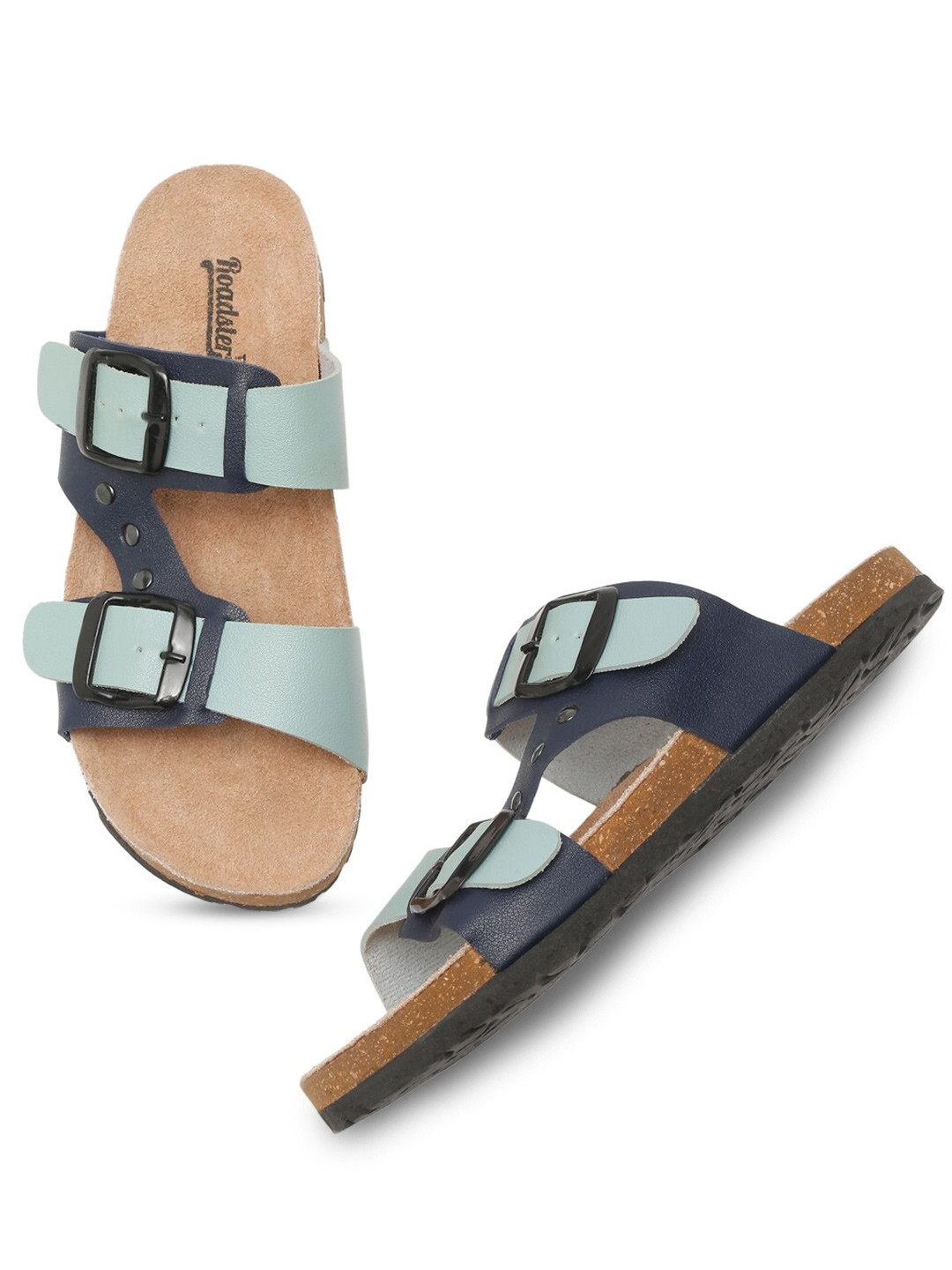 The Roadster Lifestyle Co. Navy Blue And Sea Green Colourblocked Open Toe Flats