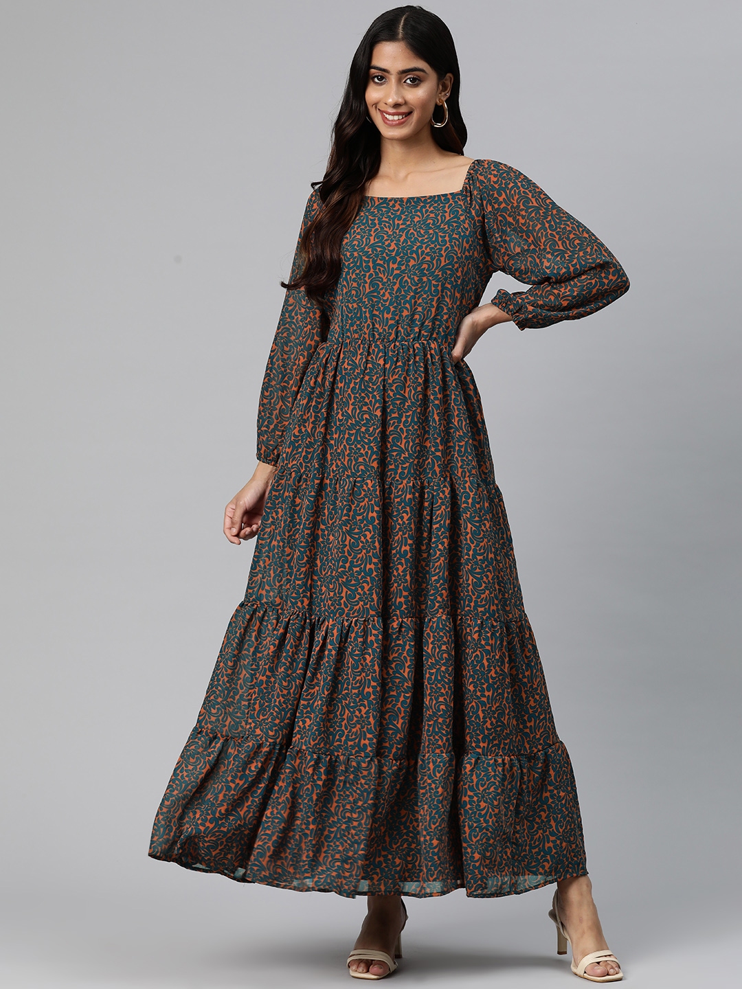 Buy Cottinfab Floral Print Puff Sleeve Georgette Maxi Dress