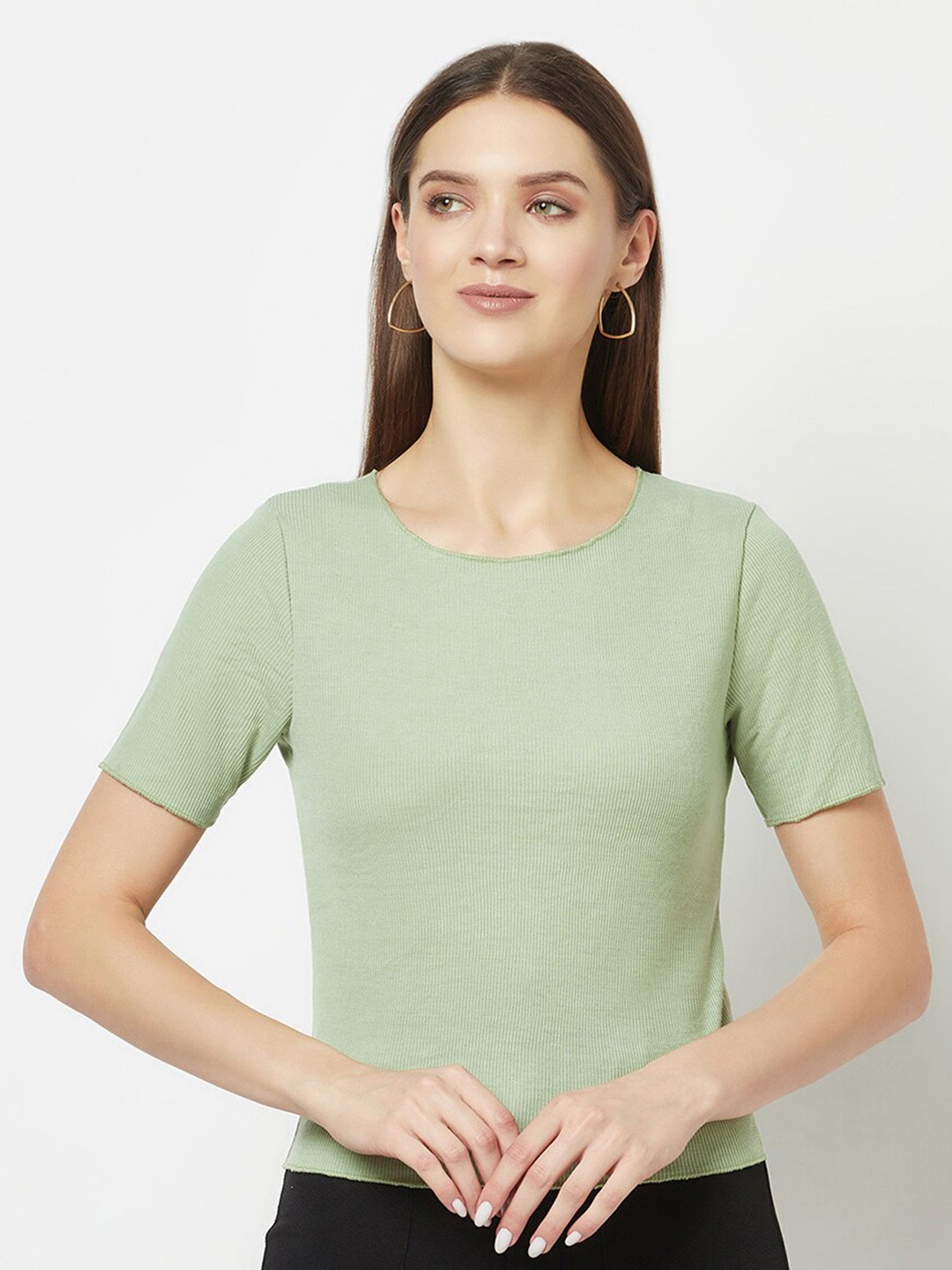 GLITO Round Neck Short Sleeve Ribbed Cotton Top