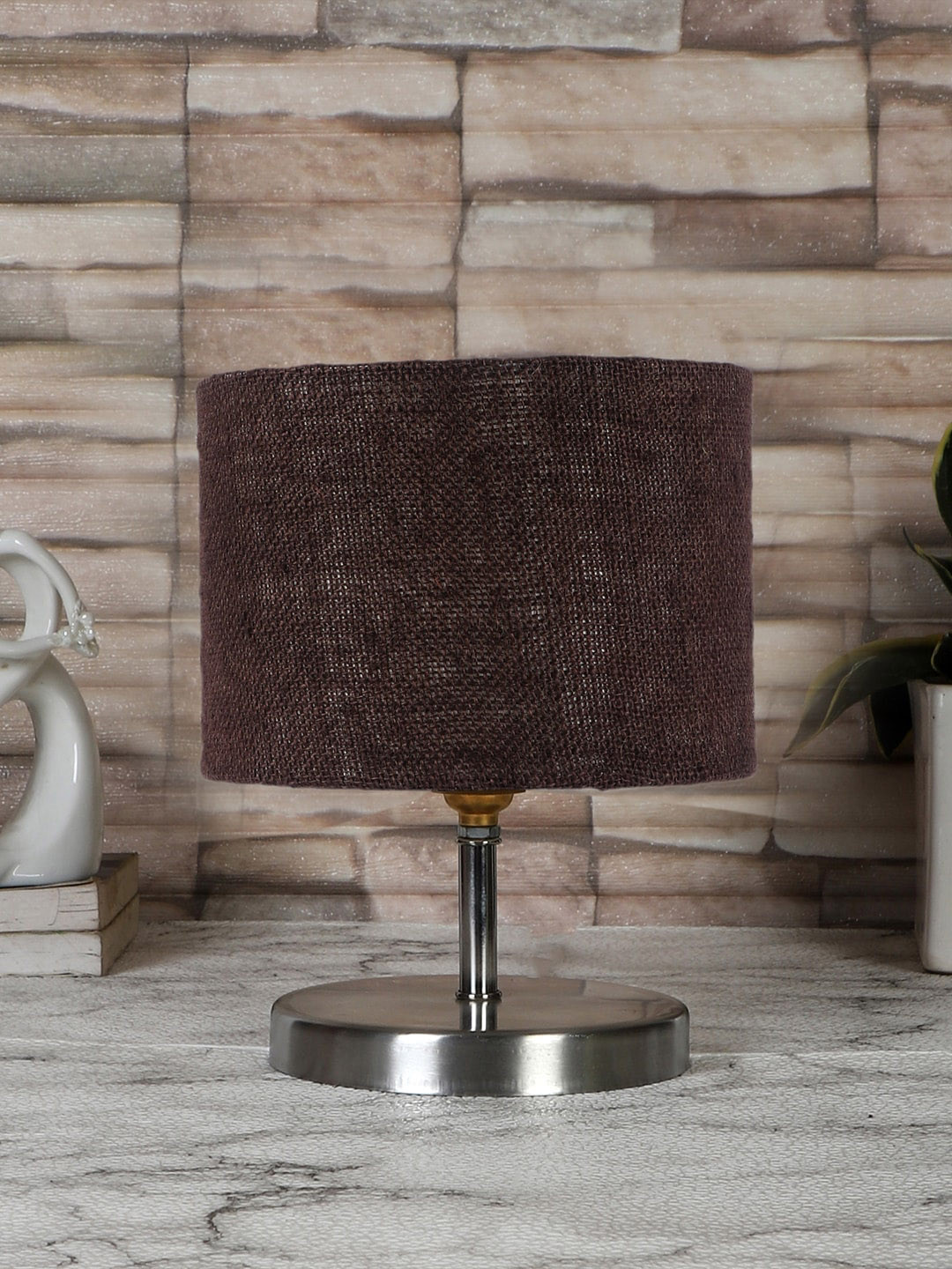 Devansh Brown Textured Steel Table Lamp With Jute Shade