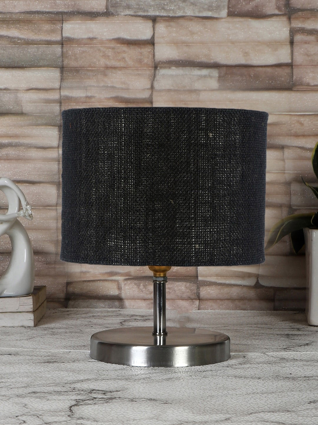 Devansh Black Textured Steel Table Lamp With Jute Shade
