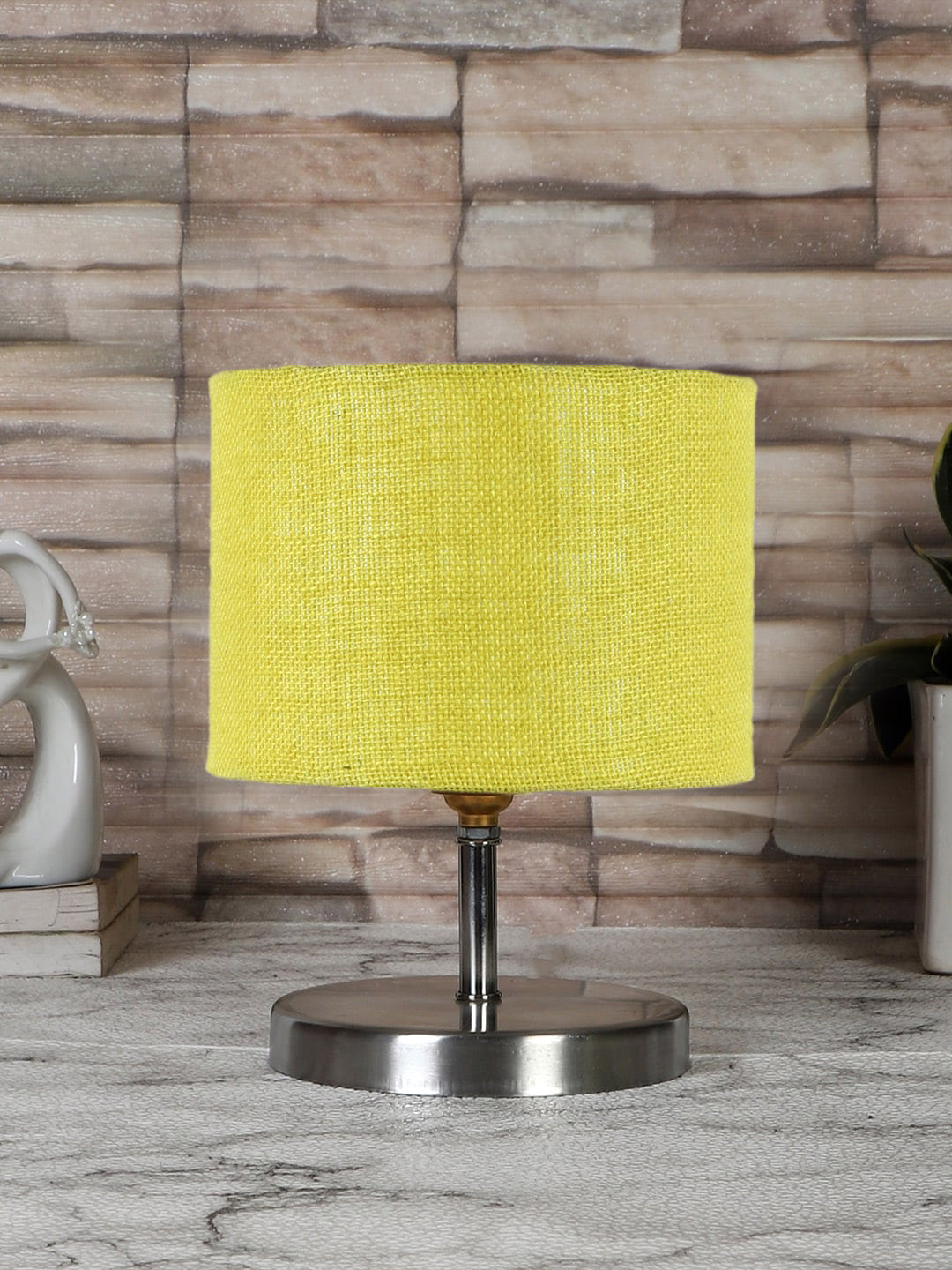 Devansh Yellow Textured Steel Table Lamp With Jute Shade