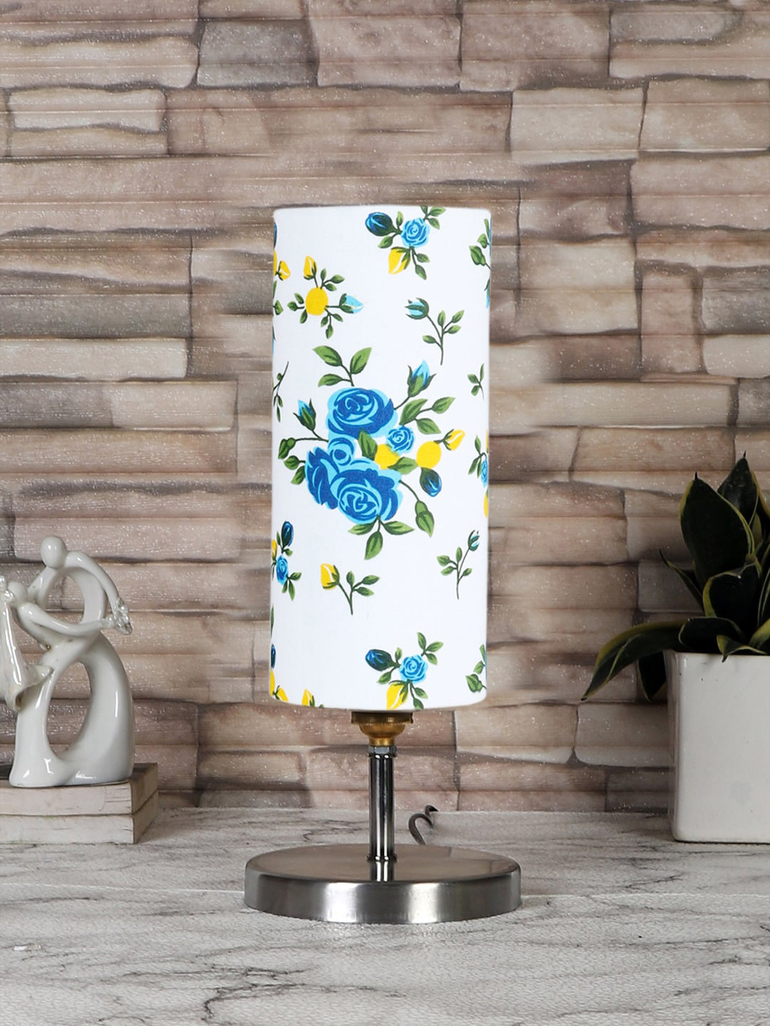 Devansh White & Blue Steel Table Lamp With Floral Printed Cotton Shade