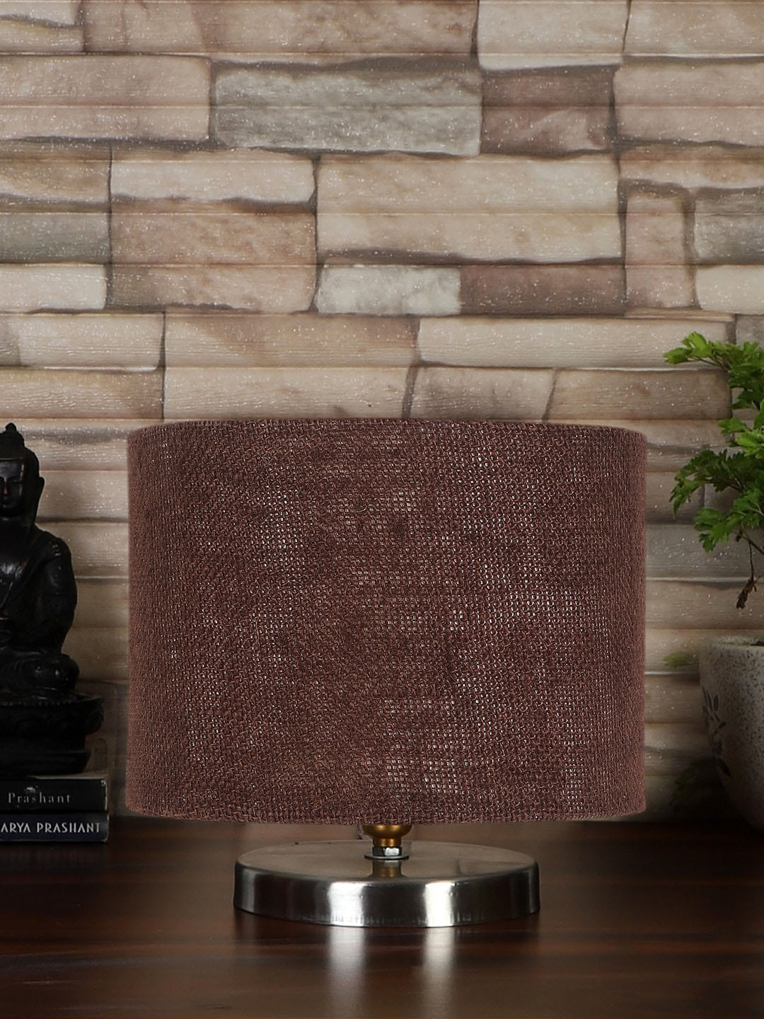 Devansh Brown Textured Steel Table Lamp With Jute Shade