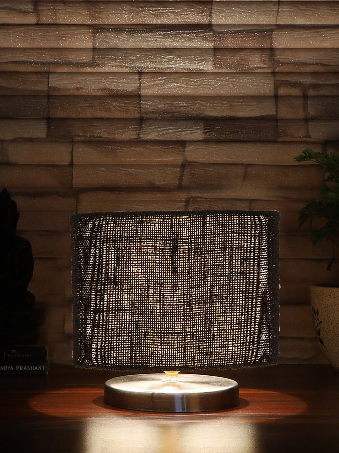 Devansh Black Textured Steel Table Lamp With Jute Shade