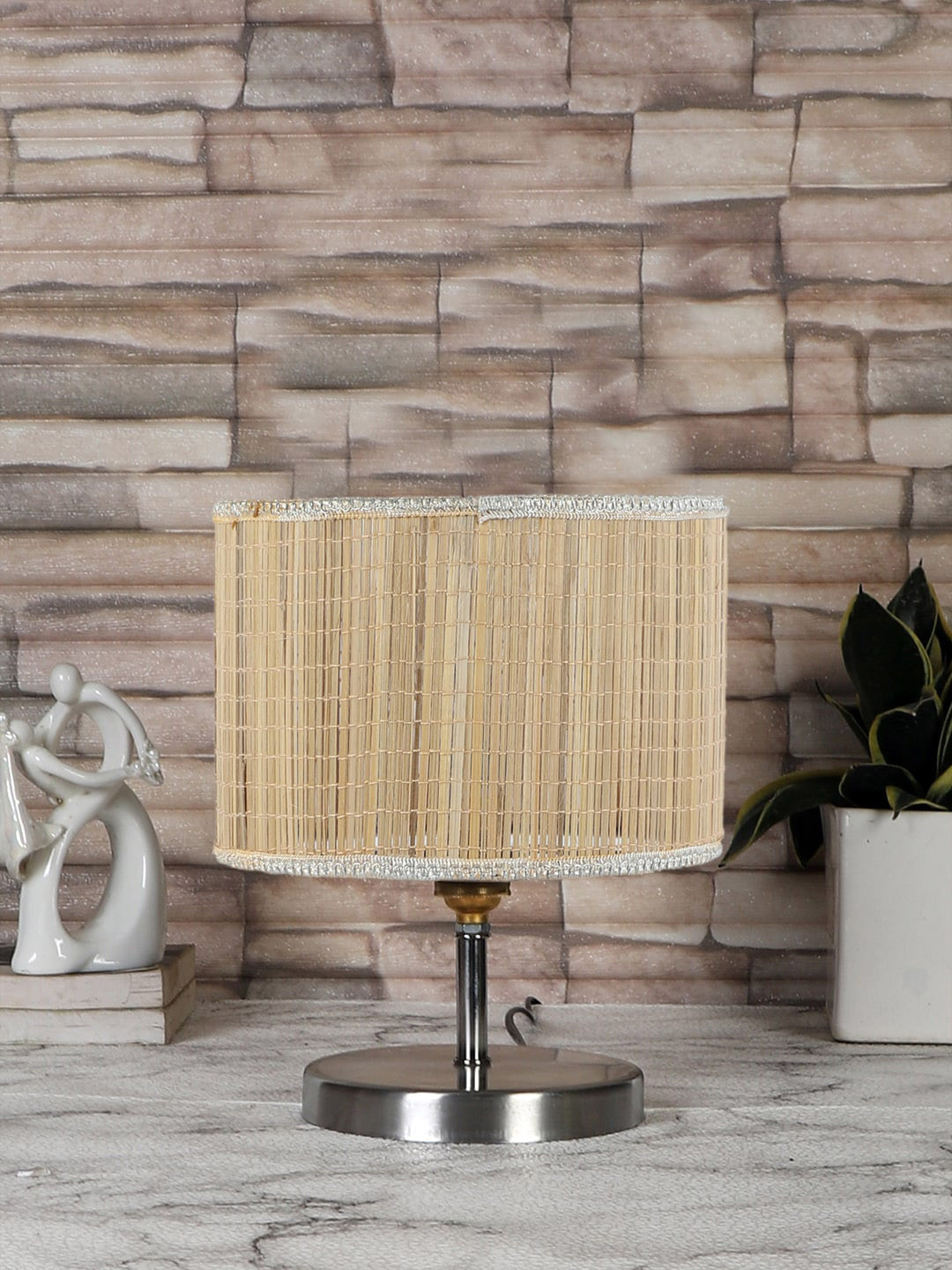 Devansh Beige Textured Steel Table Lamp With Round-Shaped Bamboo Shade