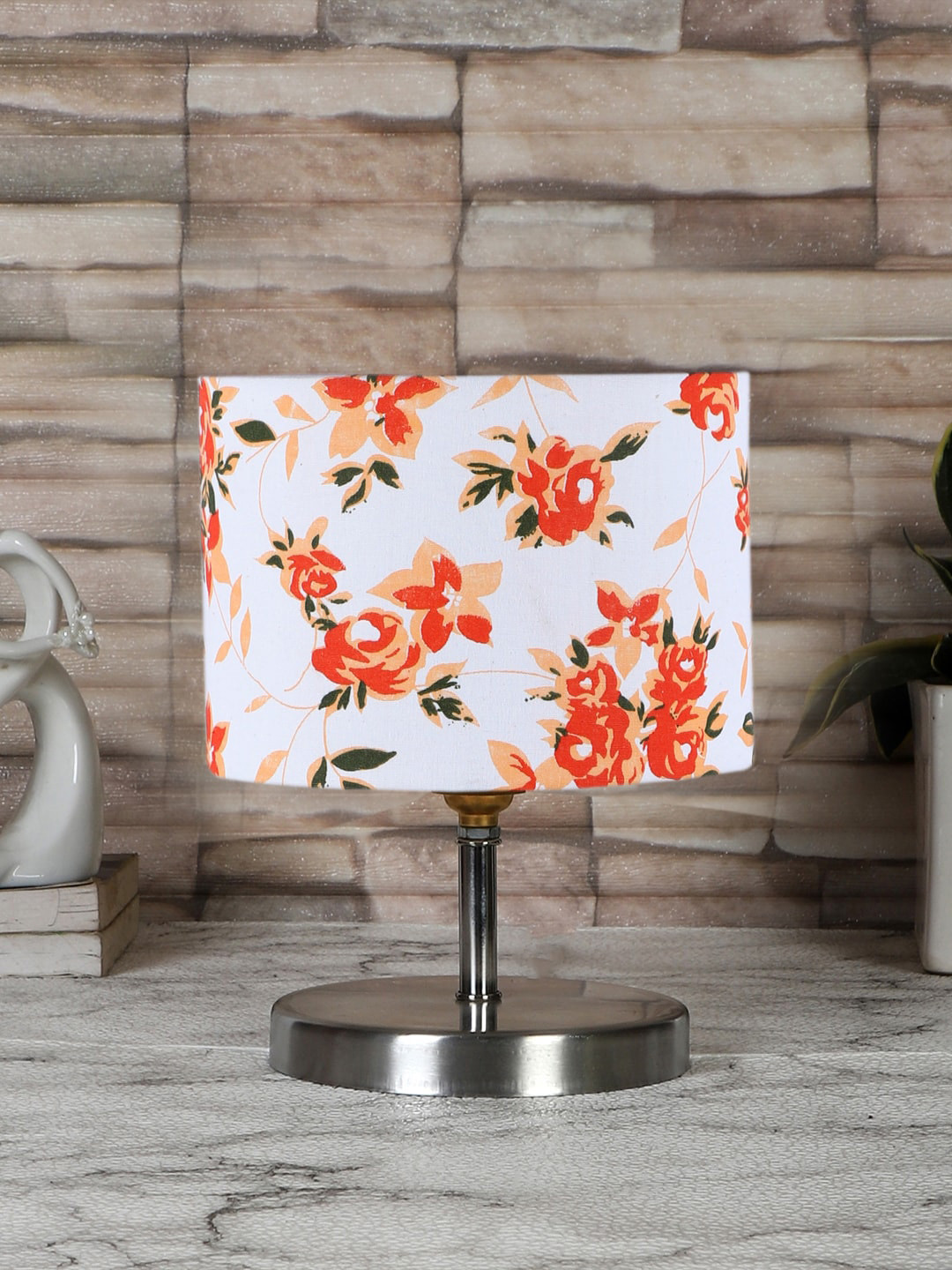 Devansh White & Orange-Colored Steel Table Lamp With Floral Printed Cotton Shade