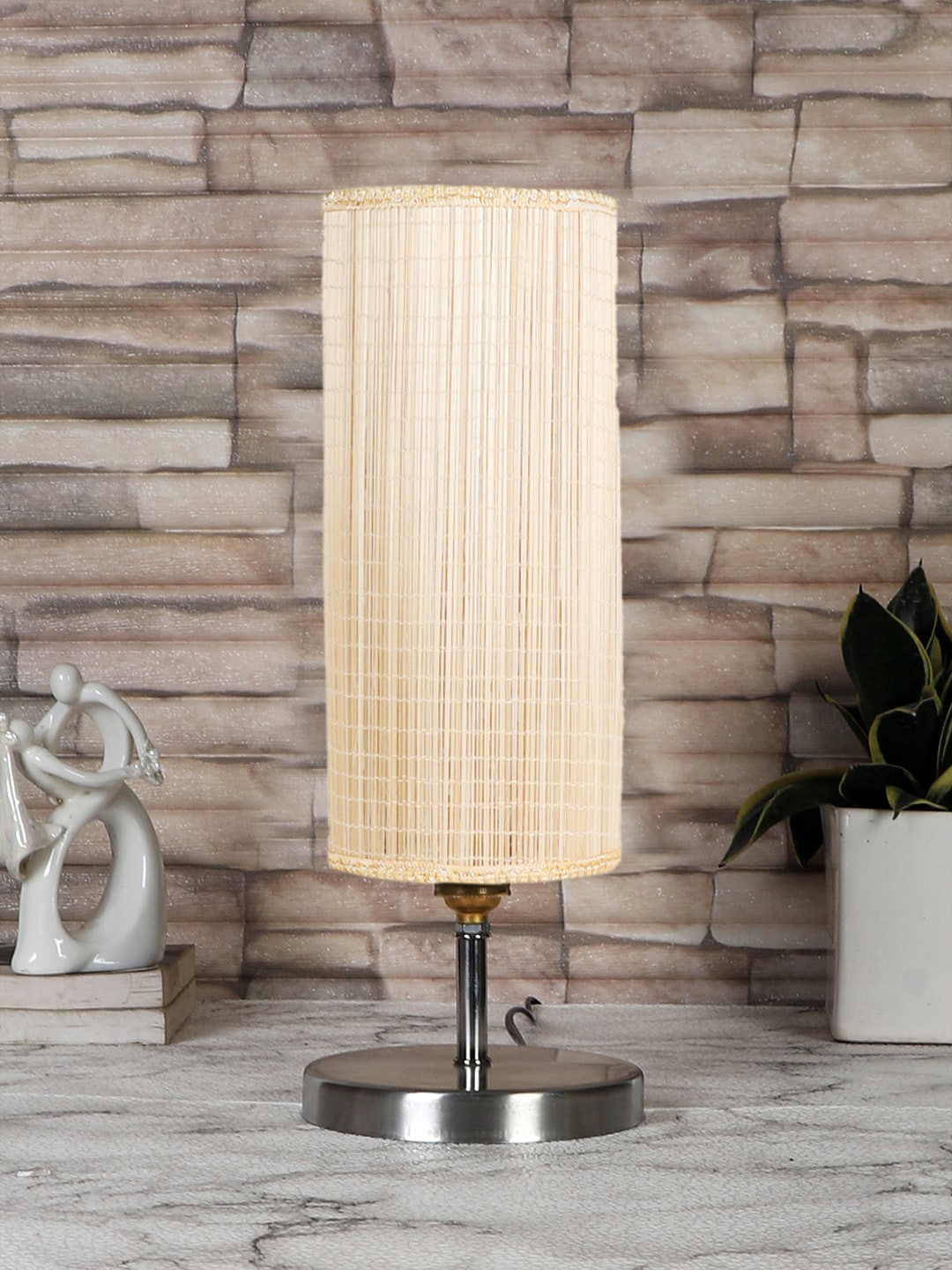 Devansh Beige Textured Steel Table Lamp With Round-Shaped Bamboo Shade