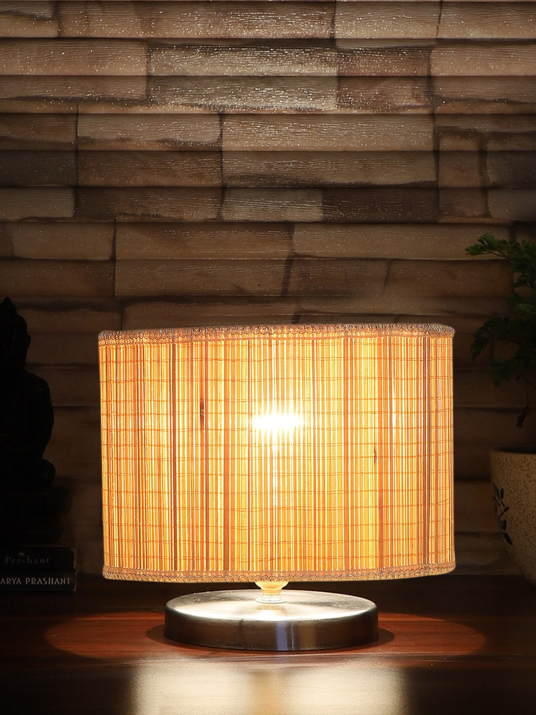 Devansh Beige Textured Steel Table Lamp With Round-Shaped Bamboo Shad