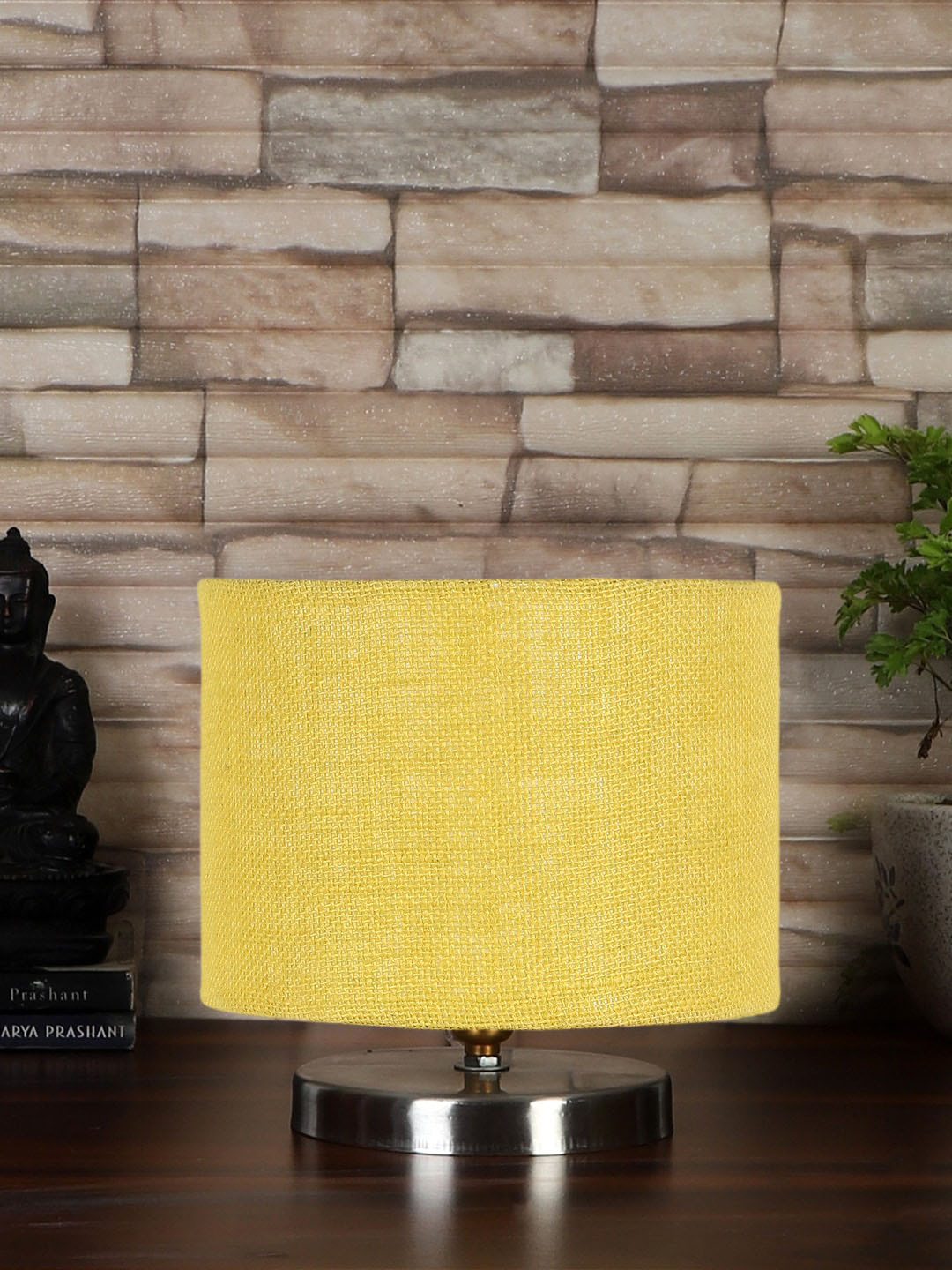 Devansh Yellow Textured Steel Table Lamp With Jute Shade