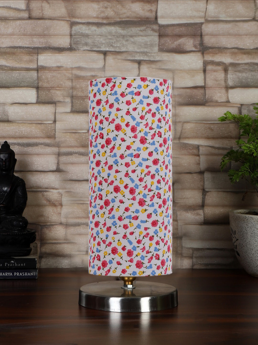Devansh White & Pink Steel Table Lamp With Floral Printed Cotton Shade