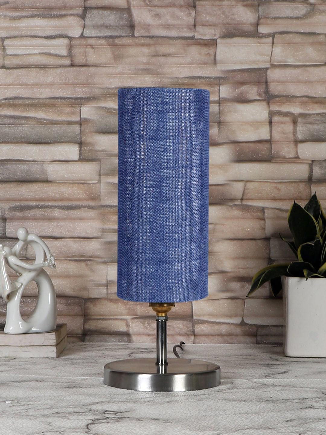 Devansh Blue Textured Steel Table Lamp With Jute Shade