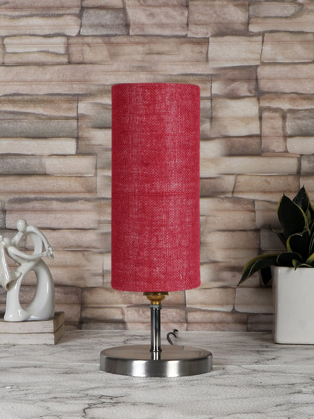Devansh Maroon Textured Steel Table Lamp With Jute Shade
